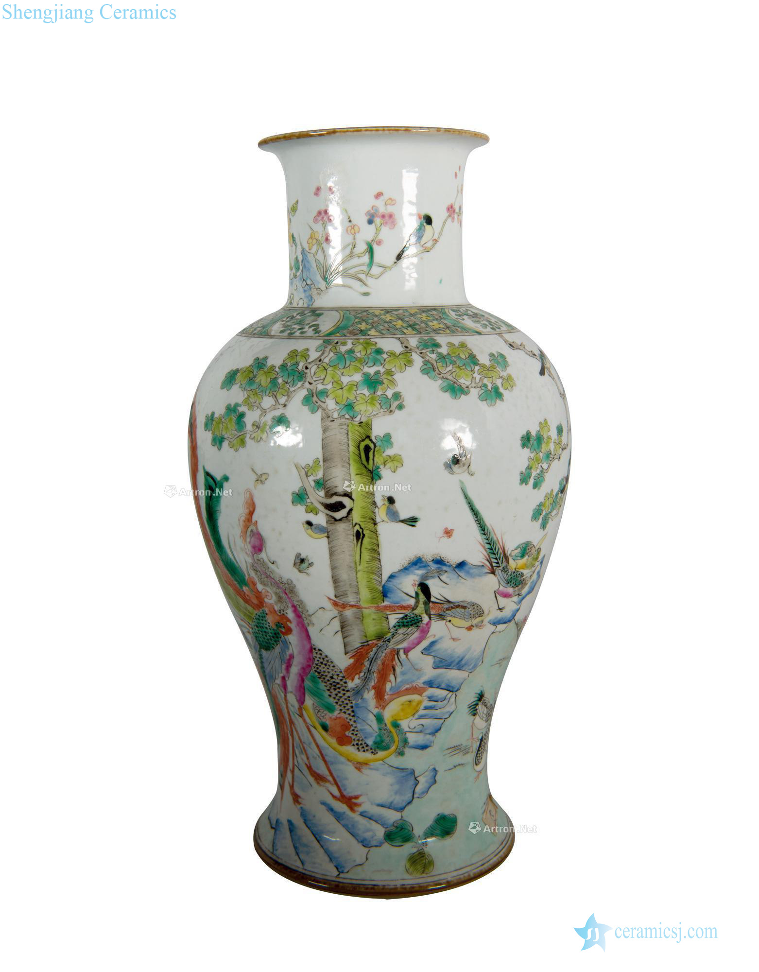 Qing guangxu Pastel birds pay homage to the king of goddess of mercy bottle