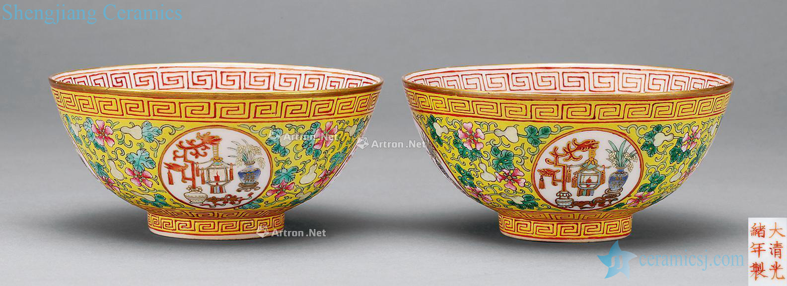 Qing guangxu Yellow powder enamel gourd ten thousand generation medallion antique flower arranging bowl (2)