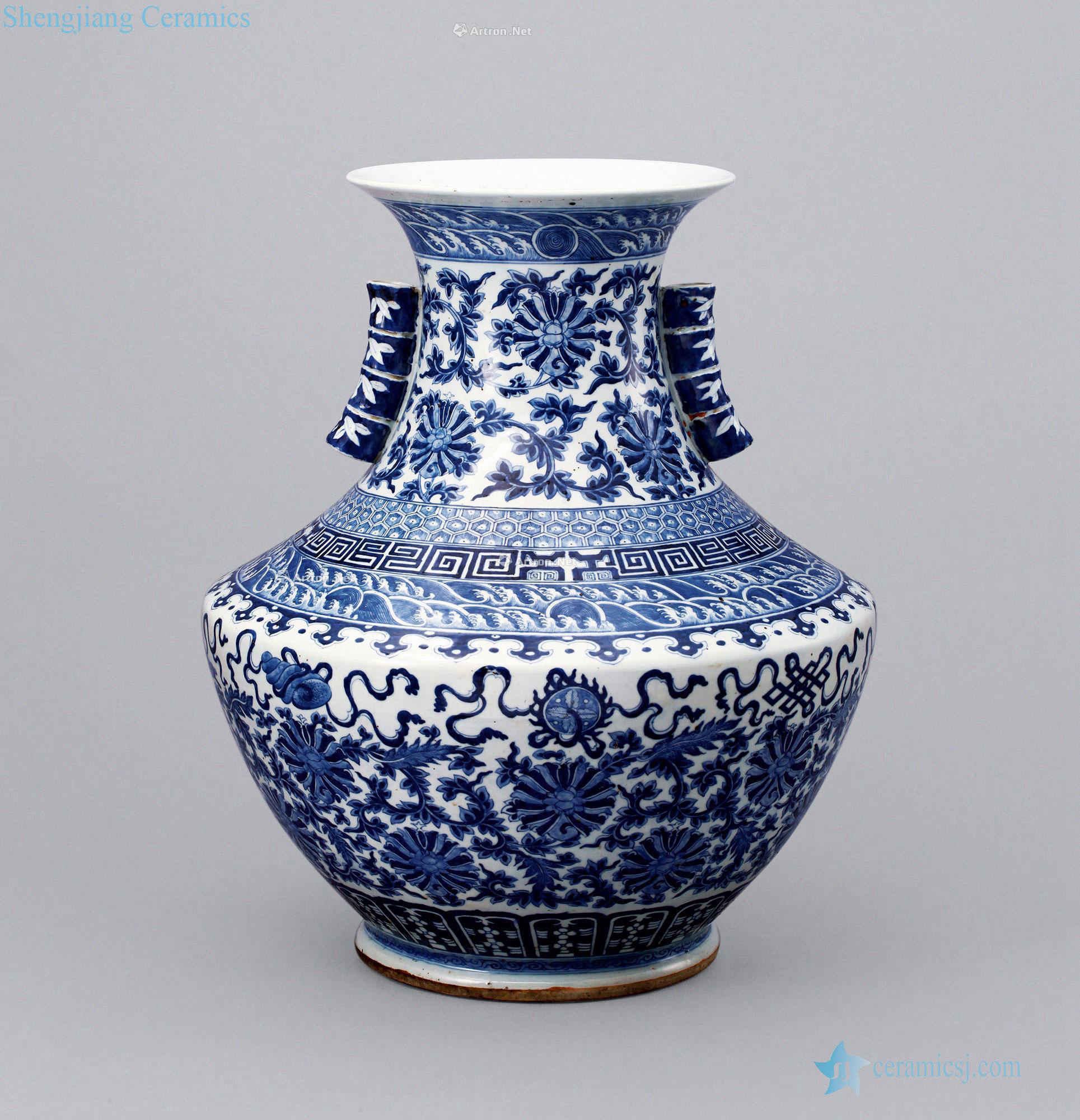 qing Blue and white flowers around branches eight auspicious penetration ears