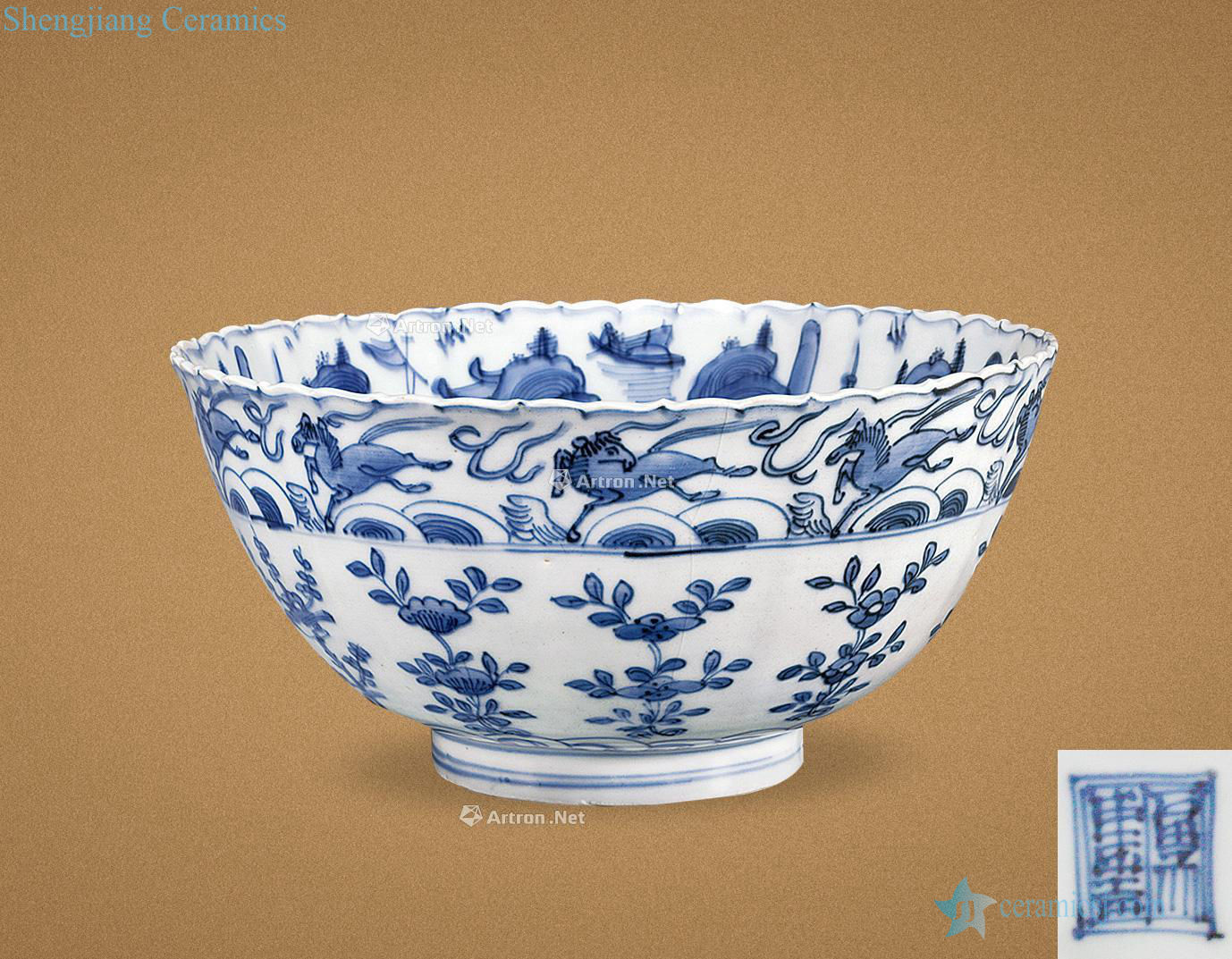 Ming wanli Blue and white window falun landscape green-splashed bowls
