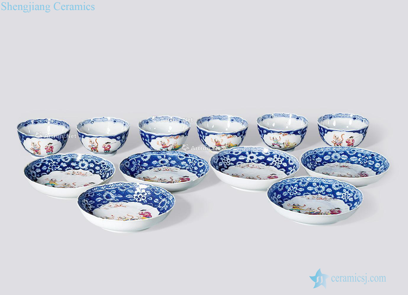 Blue and white famille rose jiang xiang qing qianlong cups and saucers (6 sets)