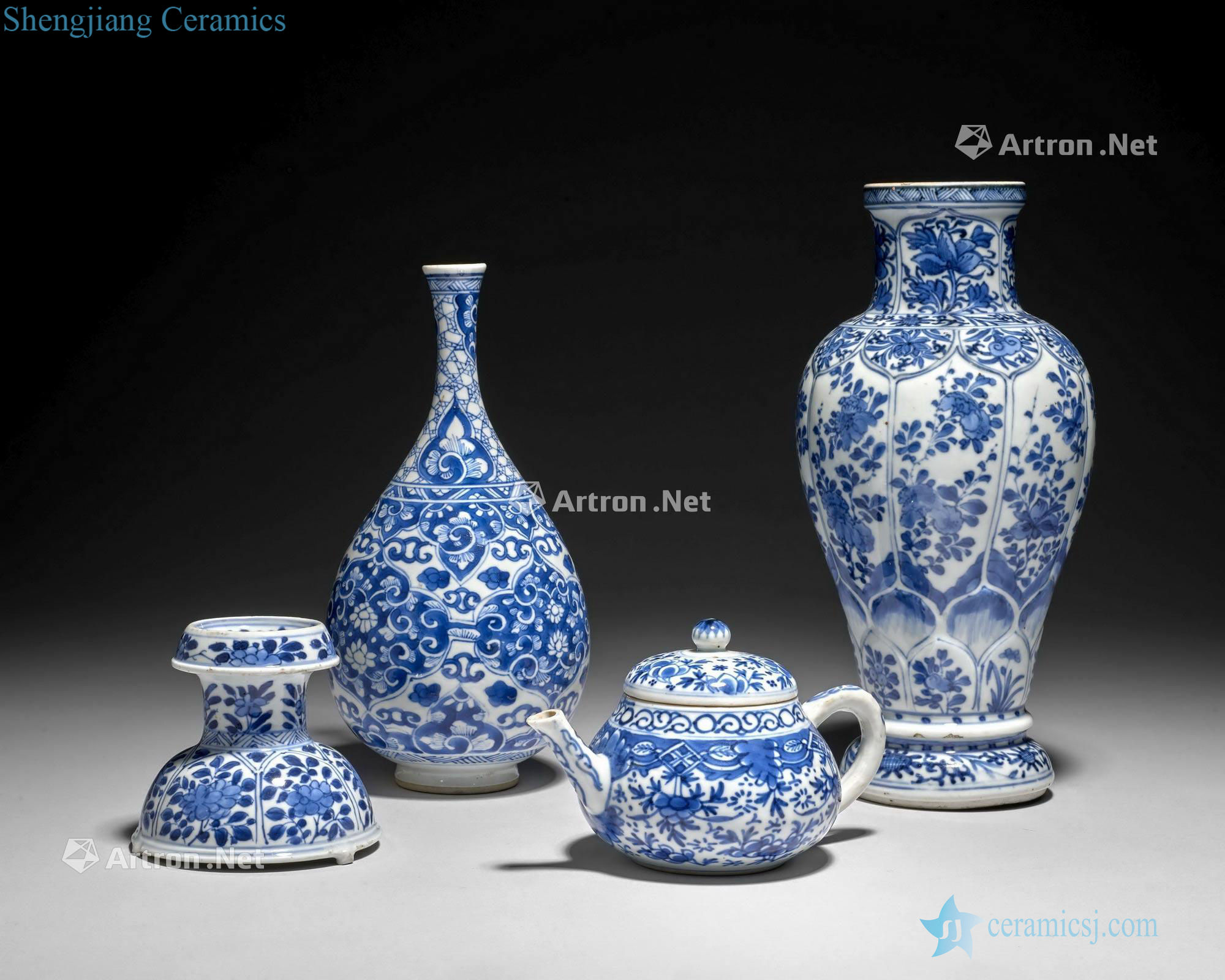 China, the Qing dynasty, Kangxi period (1662-1722), Two blue and white porcelain vases, tea - a pot and a salt cellar