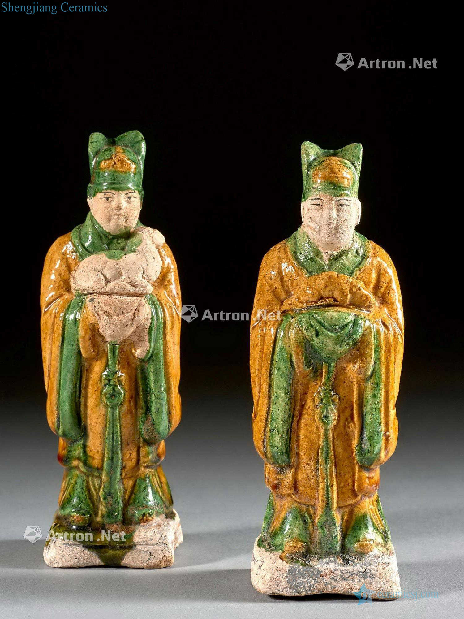 China, the Ming dynasty (1368-1644), Two green and yellow glazed pottery of zodiacal dignitaries