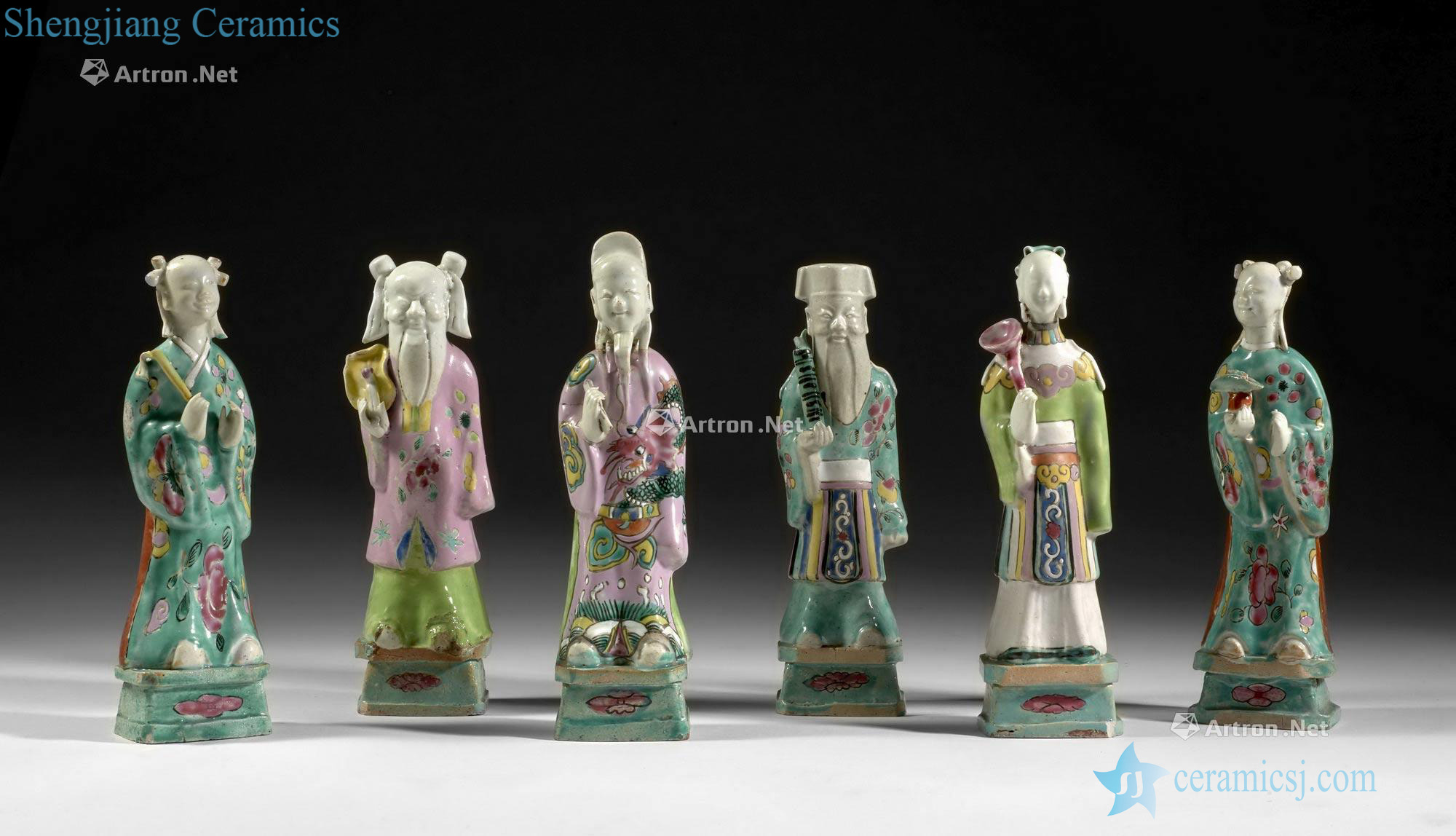 China, the Qing dynasty, Jiaqing period (1796-1820), the Six famille rose porcelain figures of immortals
