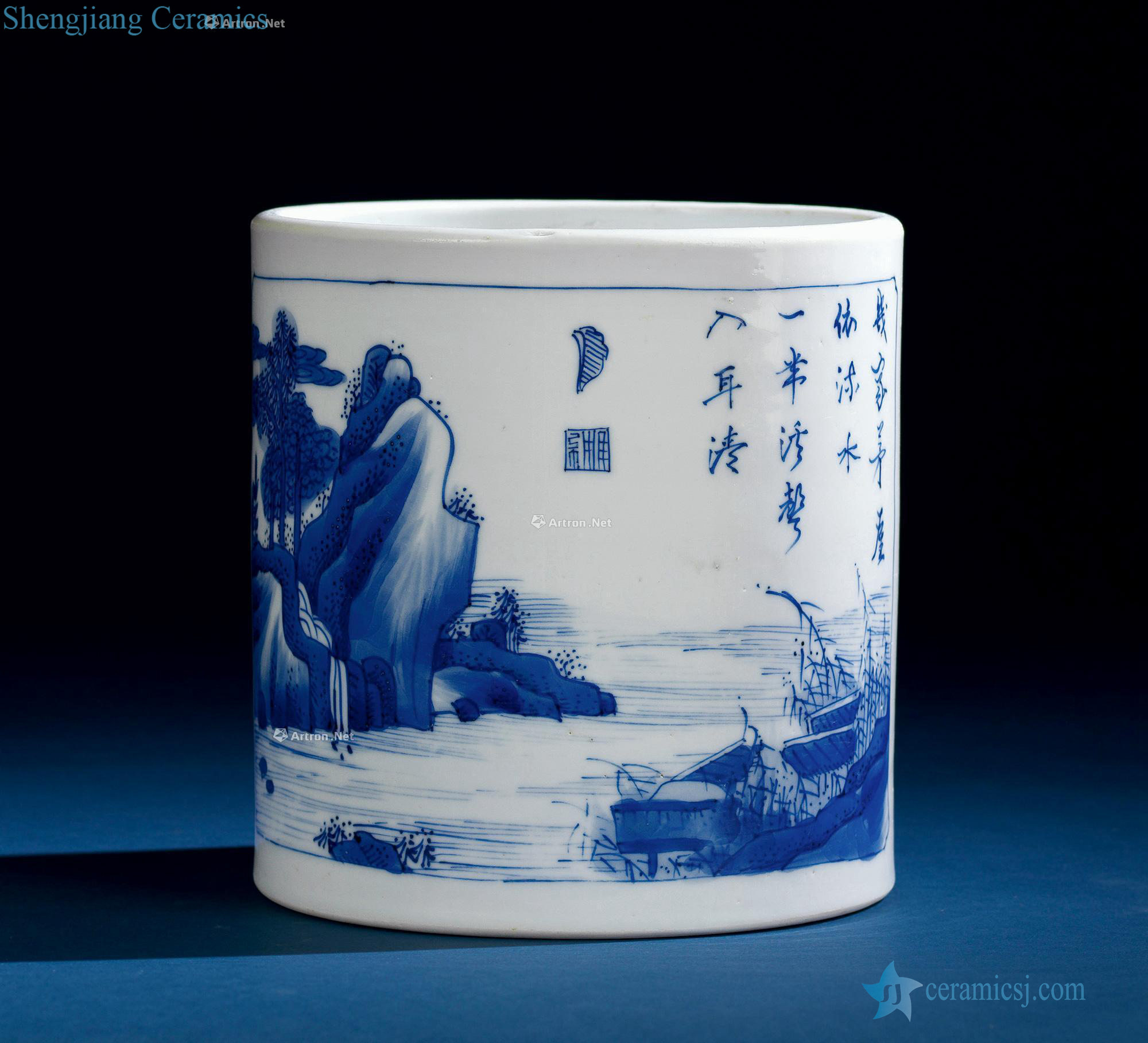 The qing emperor kangxi Blue and white landscape poetry brush pot