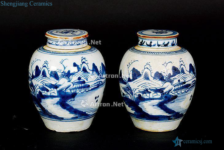 In the qing dynasty Blue and white landscape cover tank (a)