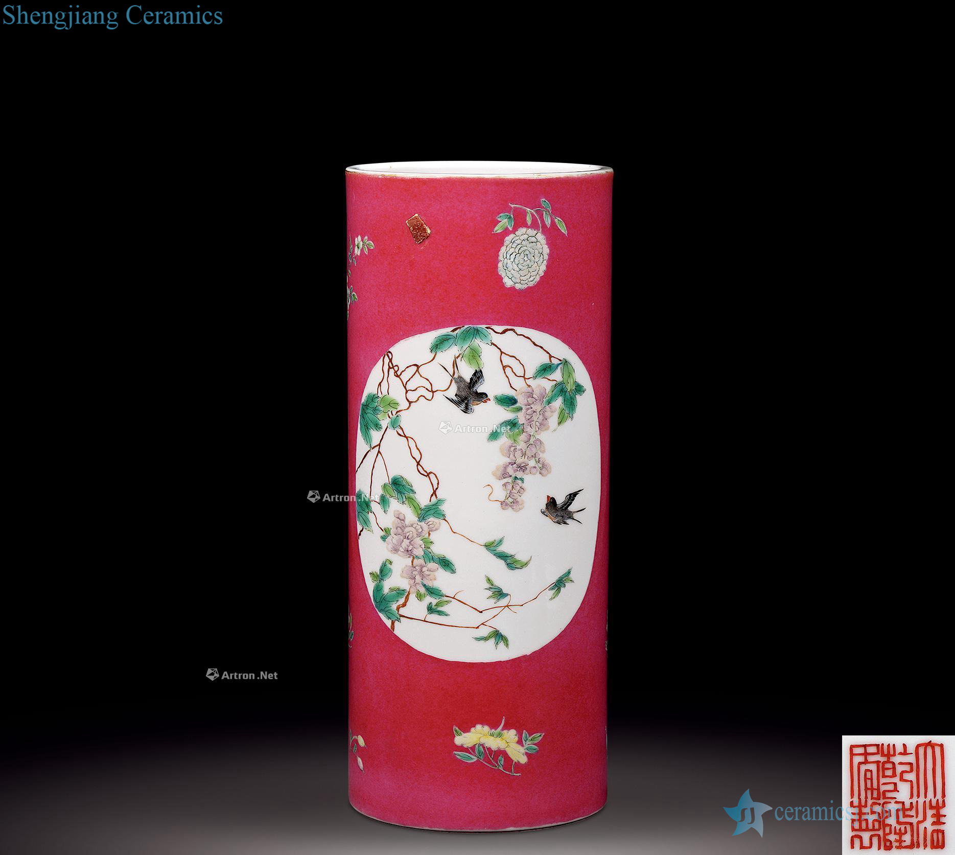 Qing carmine famille rose medallion flower-and-bird grain cap tube