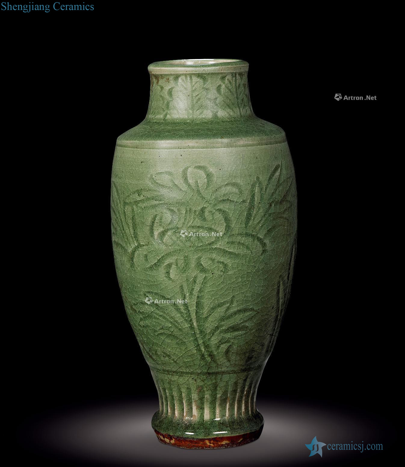 Ming Longquan celadon carved plum bottle