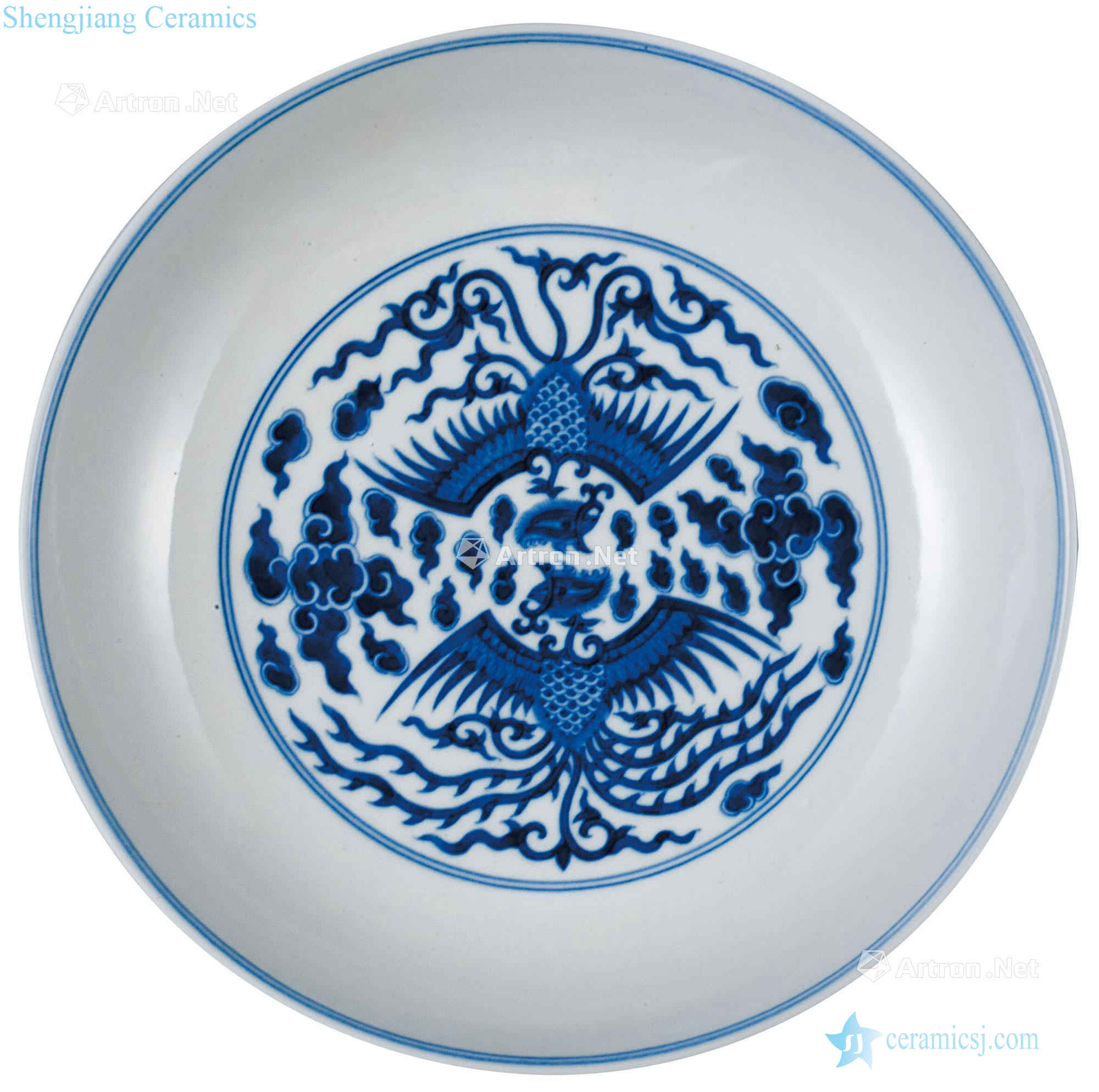 qing Blue and white double phoenix tray