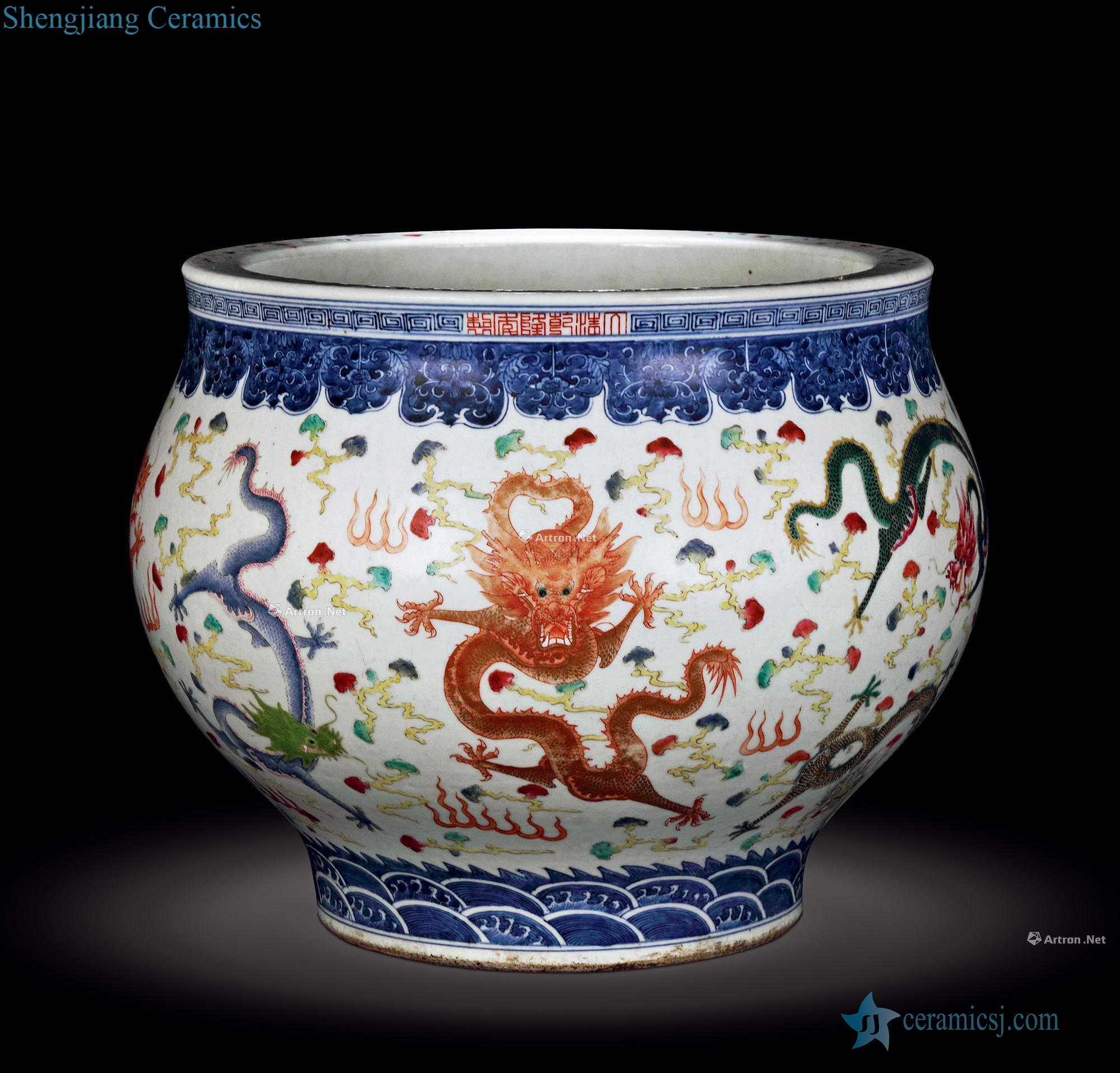 qing Blue and white enamel YunLongWen cylinder (with red sandalwood several qing)