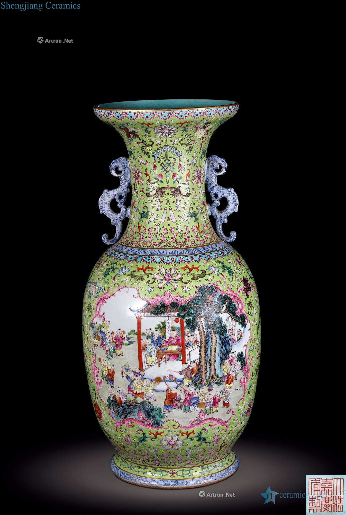 Qing jiaqing green pastel medallion the ancient philosophers qian sun Flying phoenix vase with a double therefore