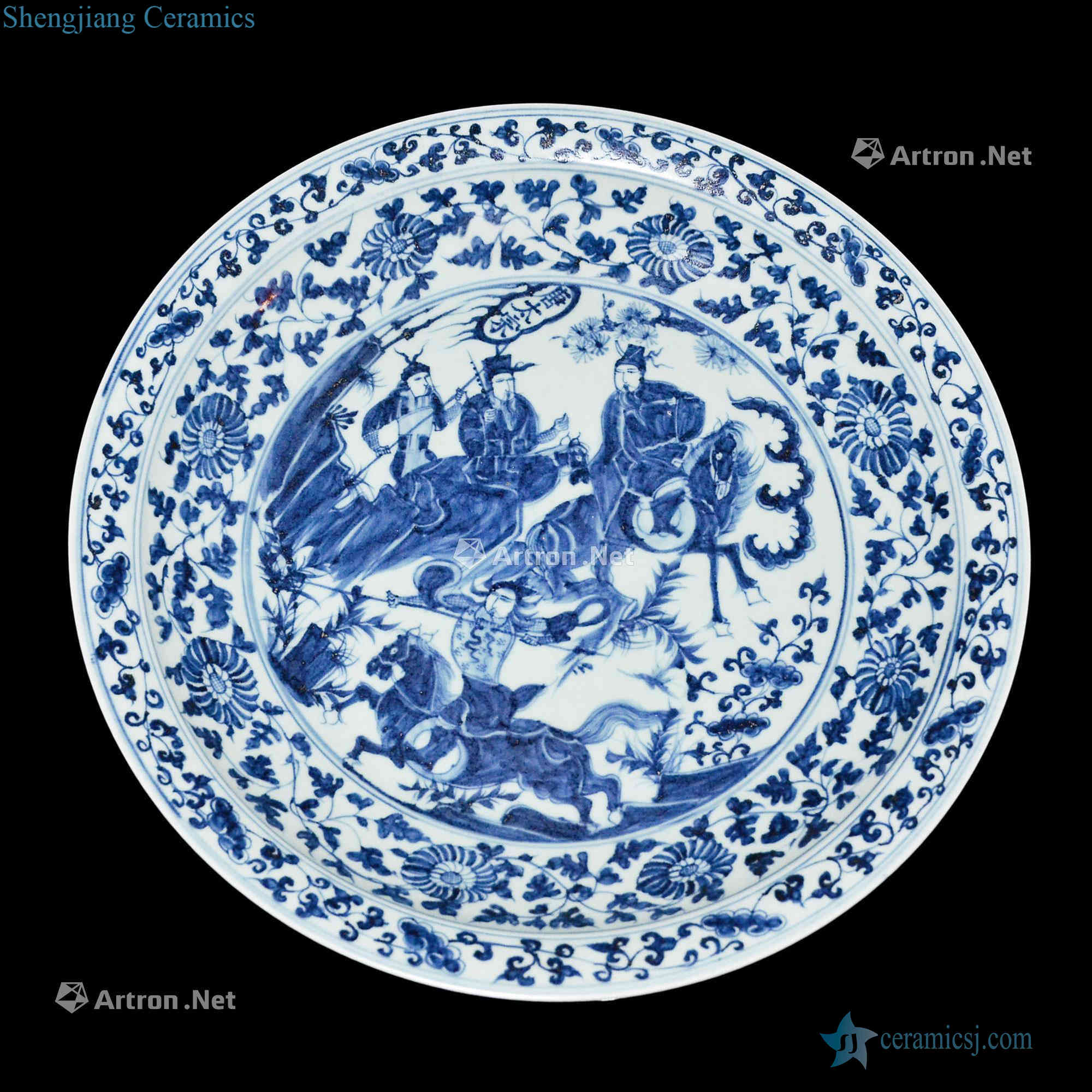 yuan Blue and white chrysanthemum ruyi flowers around branches fold along the plate