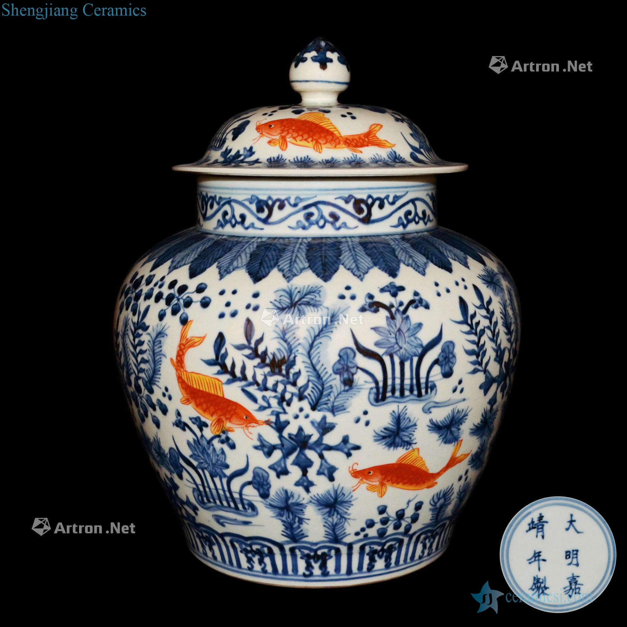 Ming jiajing Blue and white alum red fish algae general grain tank