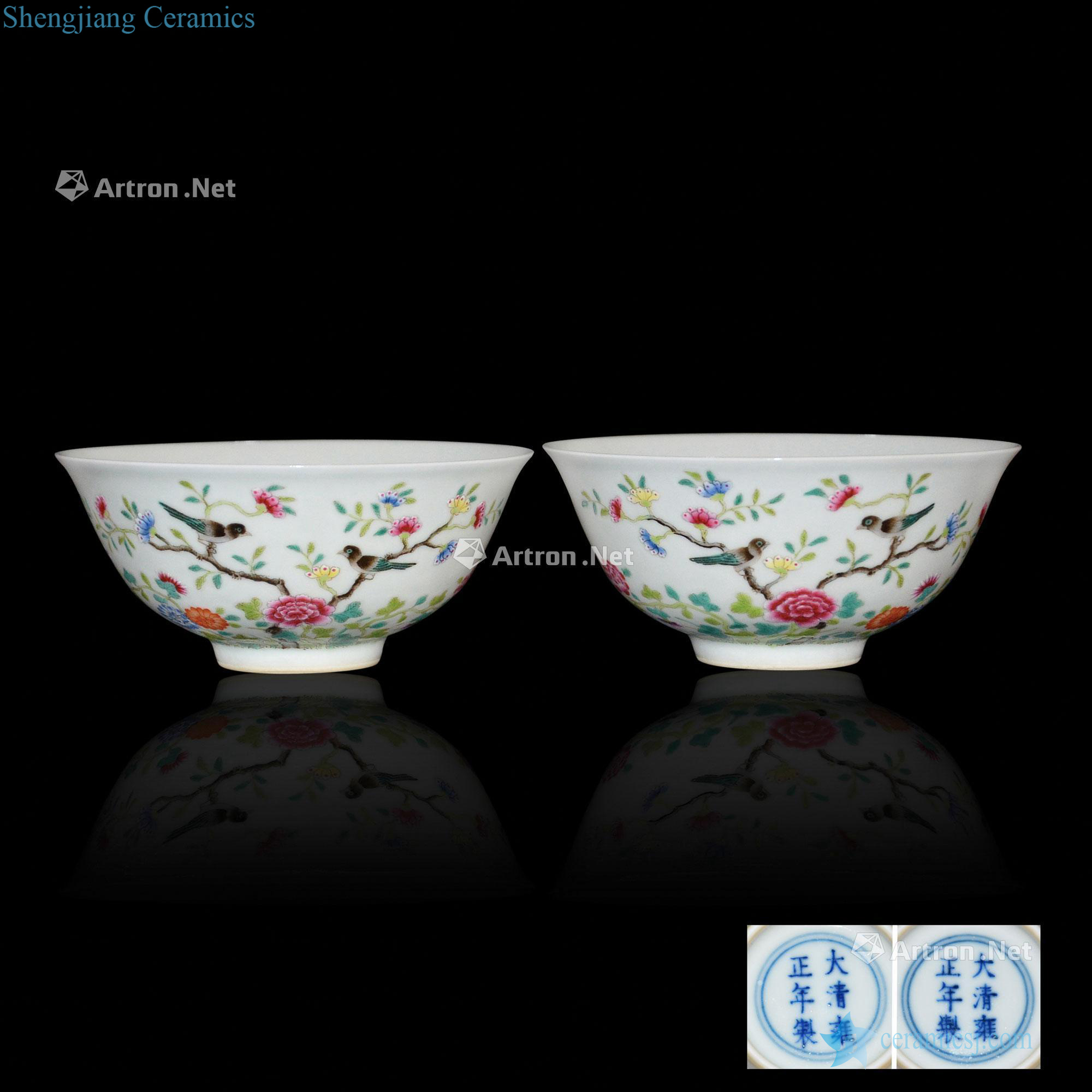 Qing yongzheng pastel spring flowers birds figure bowl (a)