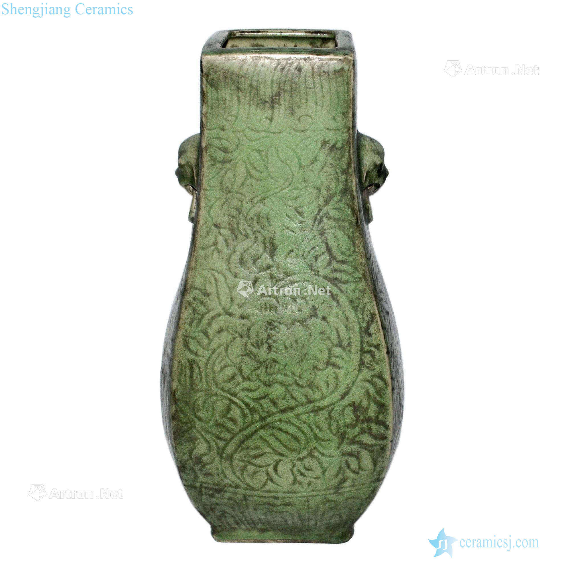 Ming Longquan celadon carved flower grain beast ear square bottle