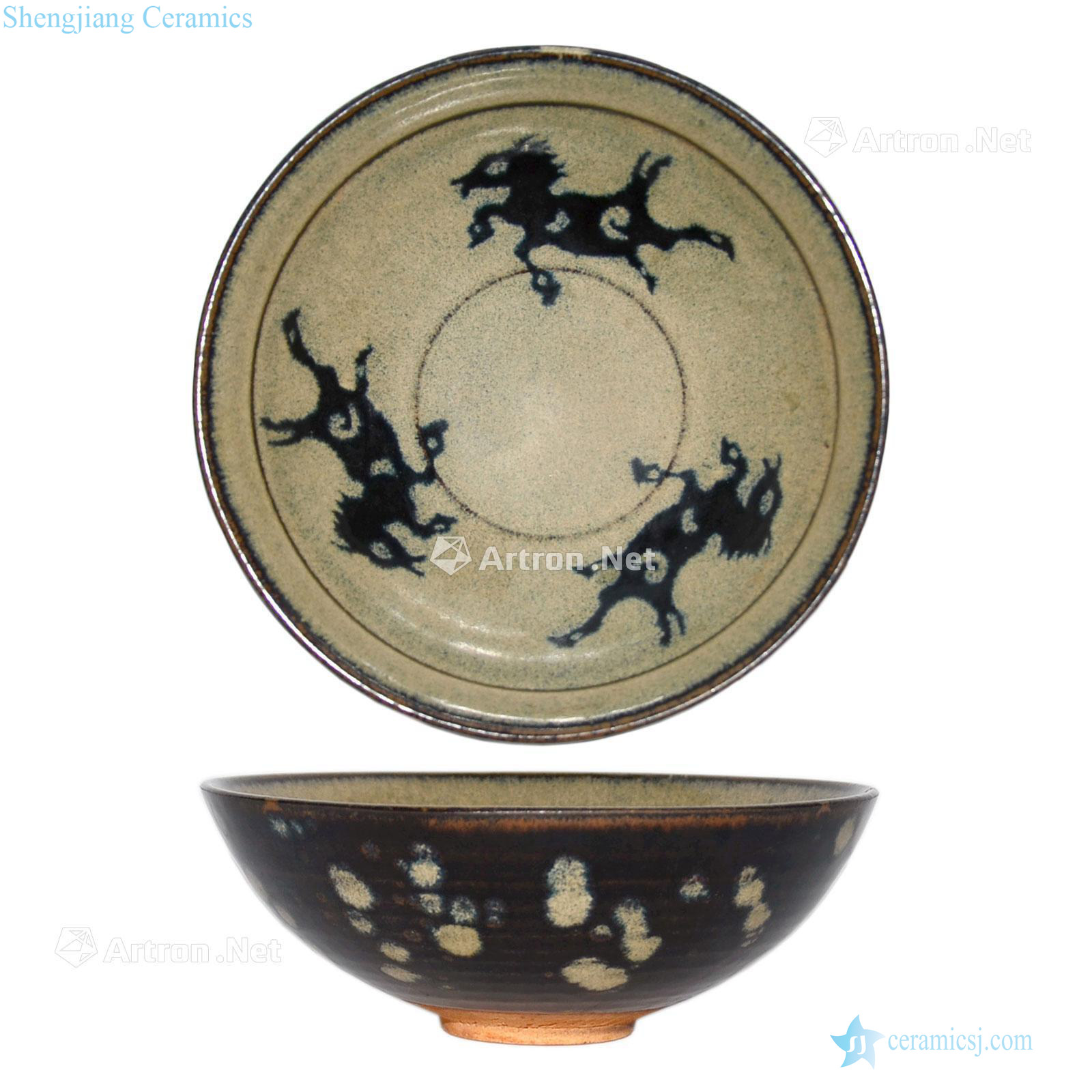 The song dynasty Jizhou kiln paper-cut decals benma xuan green-splashed bowls