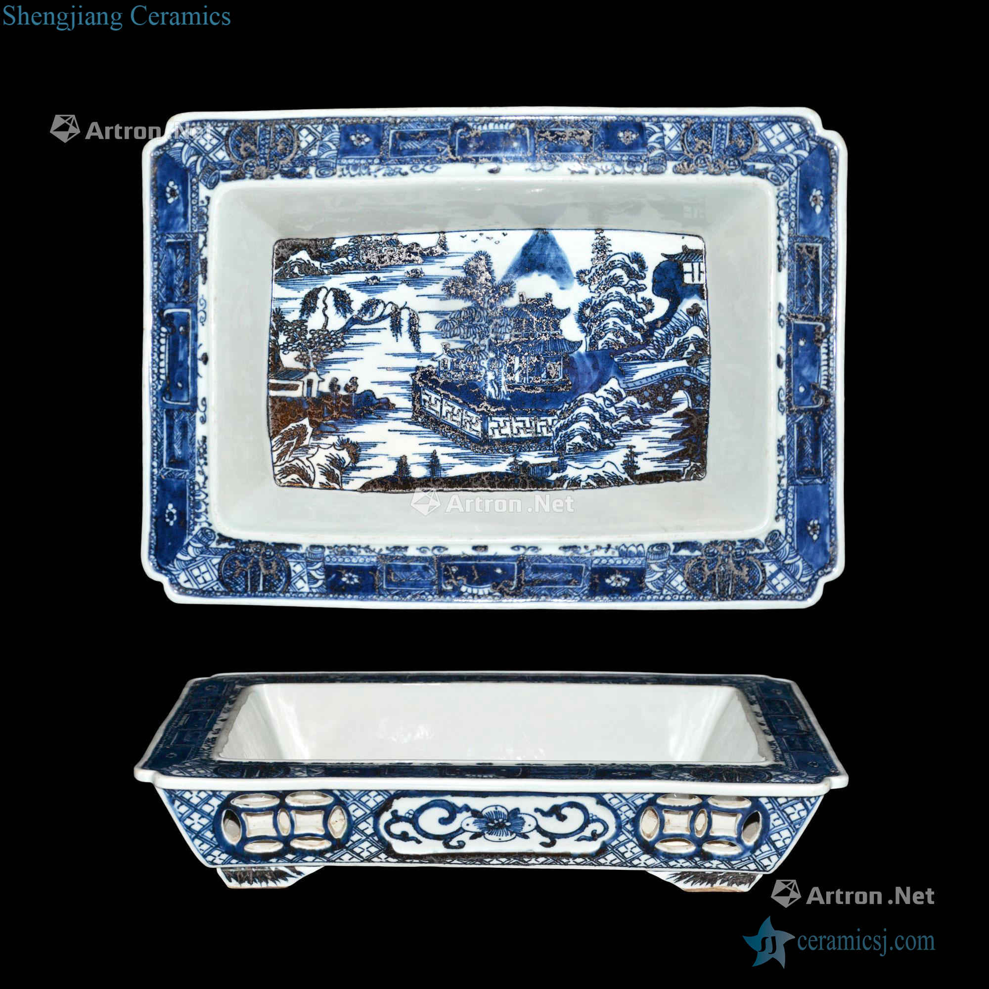 yuan Blue and white engraved look money the best geometric lines brocade scenery fold along the daffodils