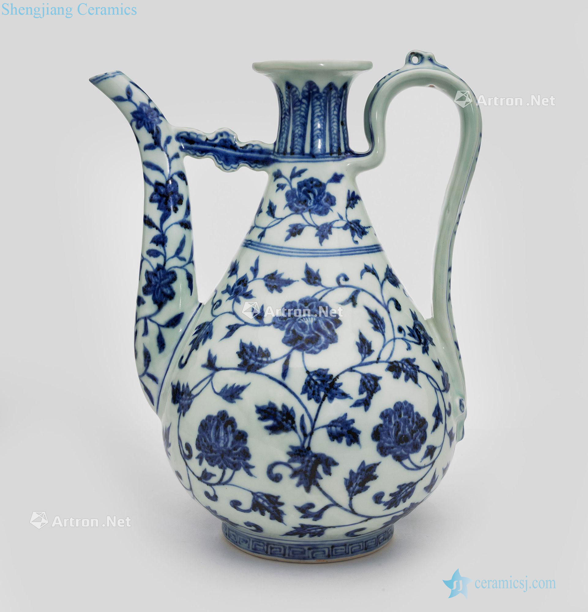 Ming yongle Rare under glaze blue and white peony lines ewer