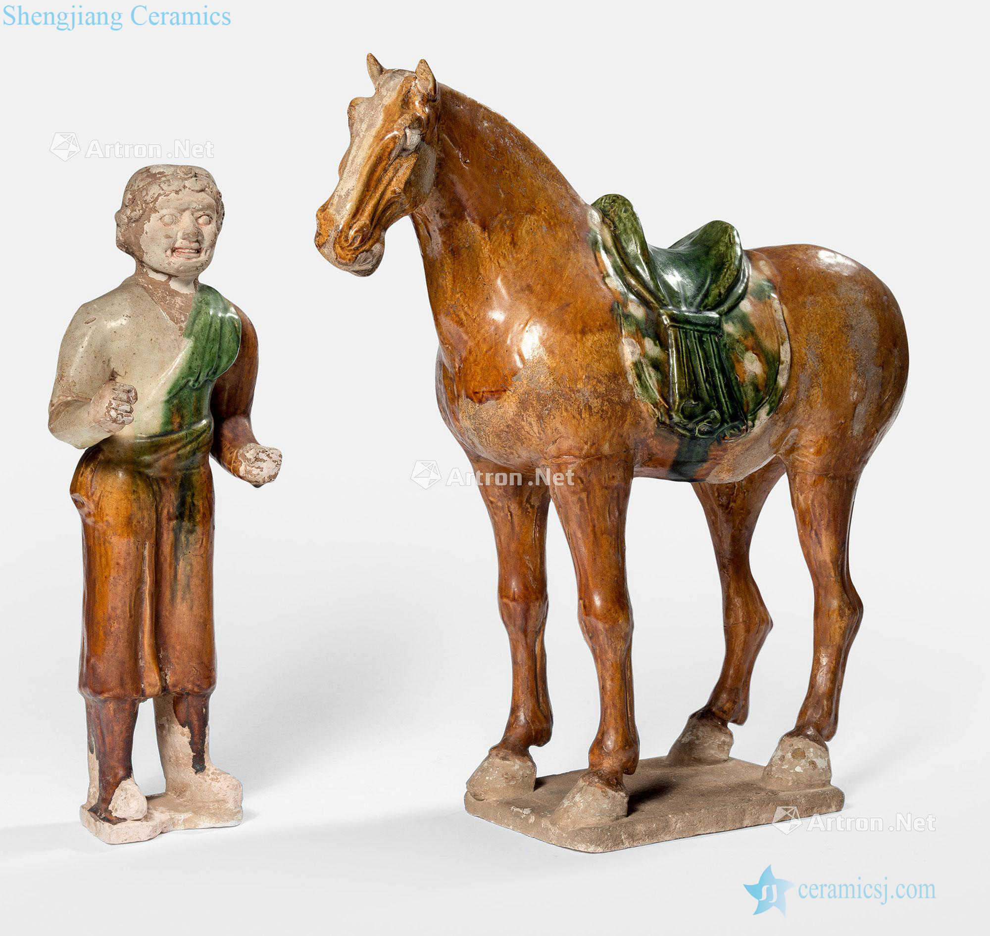 The tang dynasty Three colored glaze immediately, groom figurines of the conference semifinals