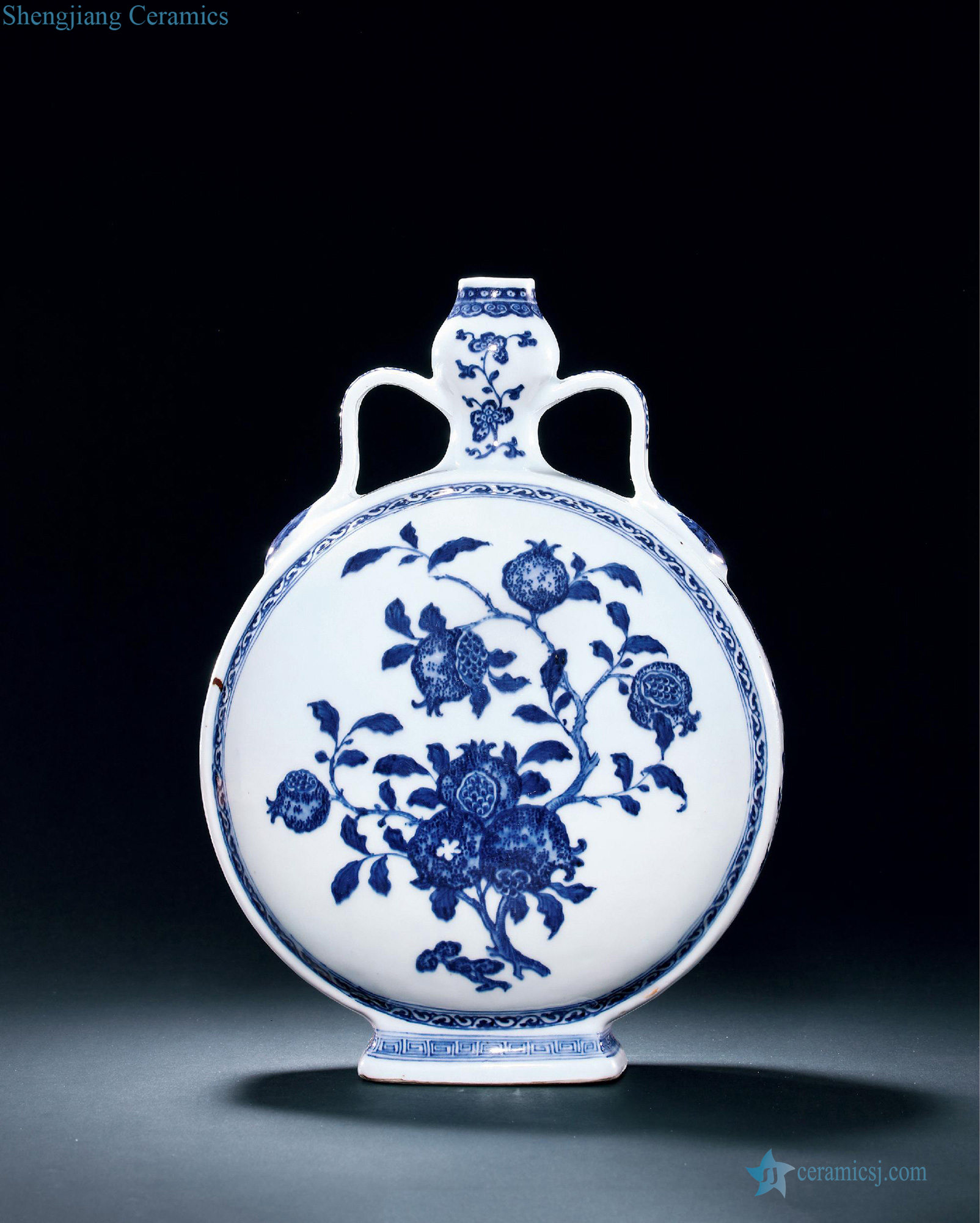 Qing yongzheng blue-and-white pomegranate grain gourd ribbon flat pot