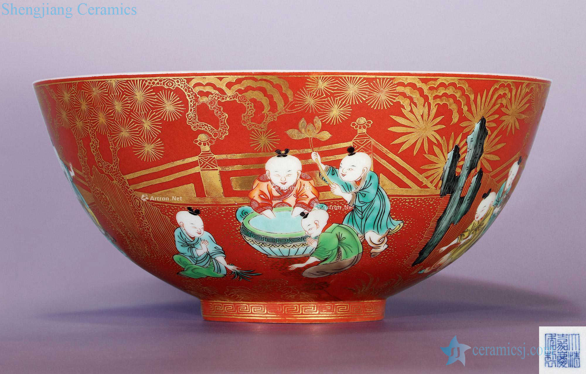 Qing jiaqing coral red paint colorful figure baby play bowls