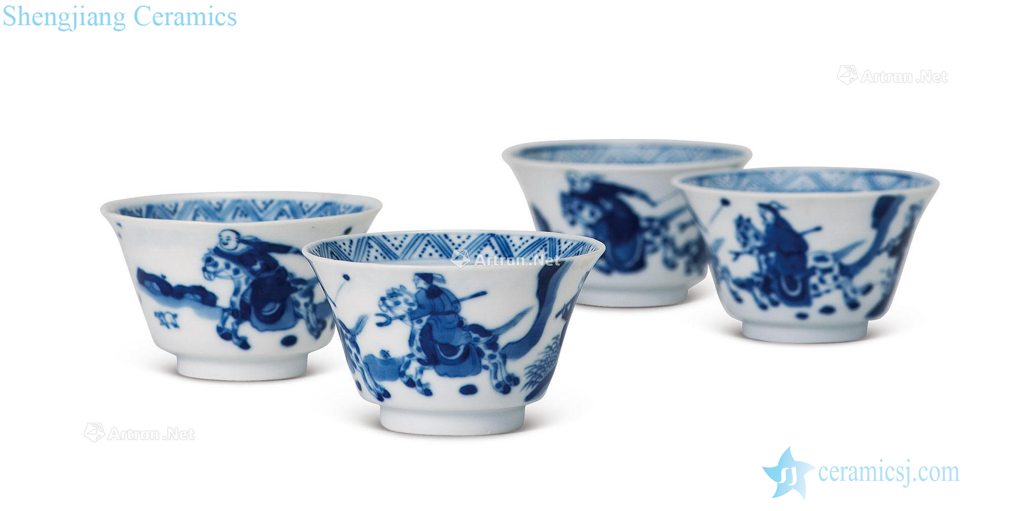 In late qing dynasty Blue and white characters cup (a group of four pieces)