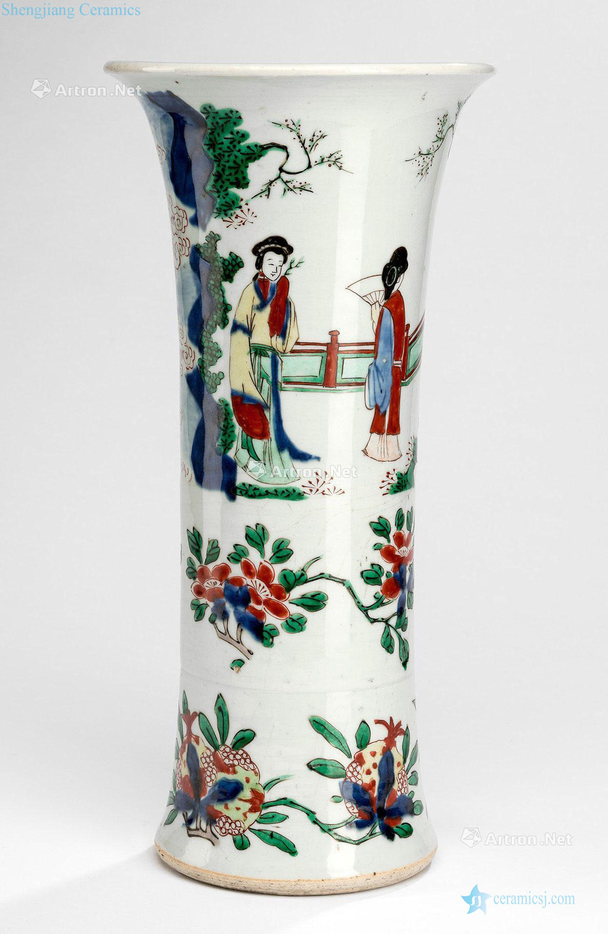 China's transition period/mid 17th century Colorful figure flower vase with romance story