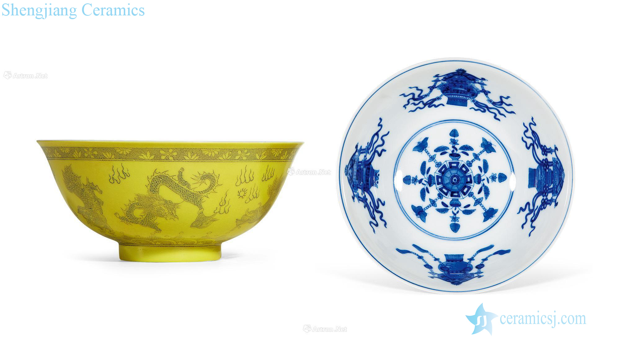 The reign of qing emperor guangxu lemon yellow to benevolent blue and white in the grain and make it plentiful lines bowl (a)