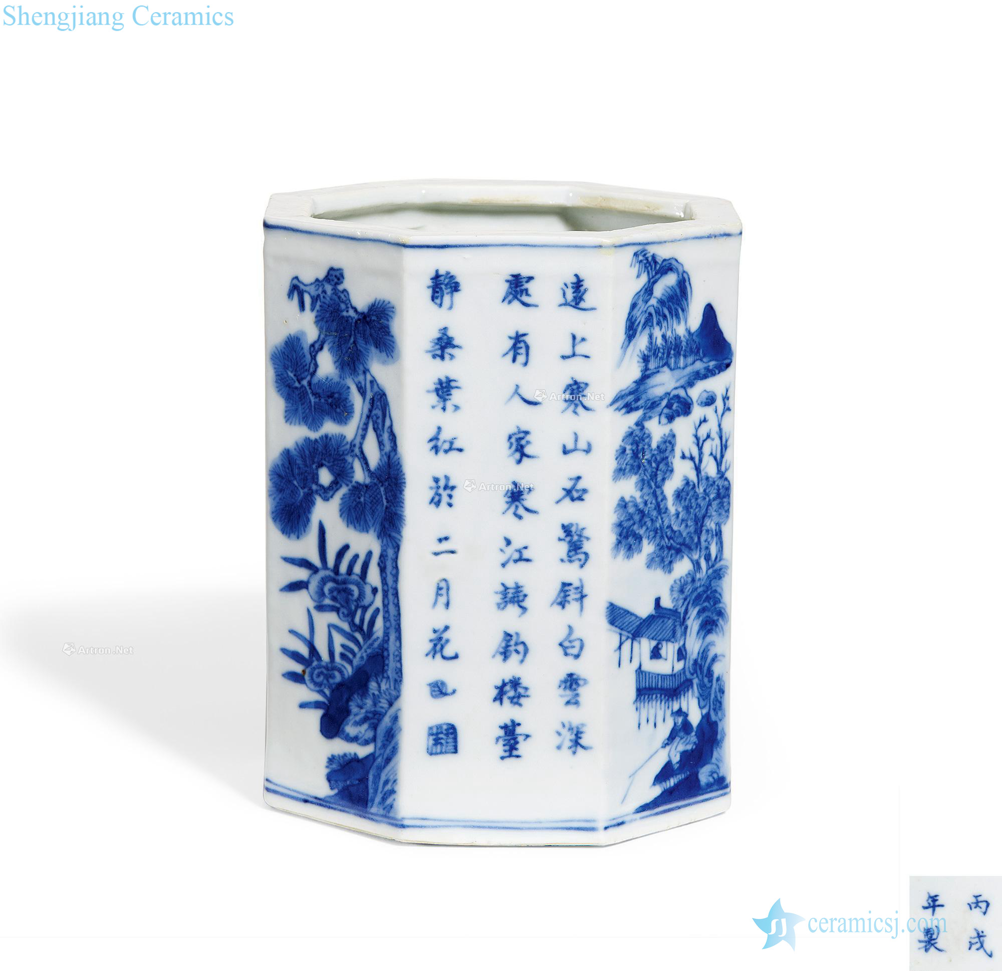 Mid qing Blue and white landscape poems eight side brush pot