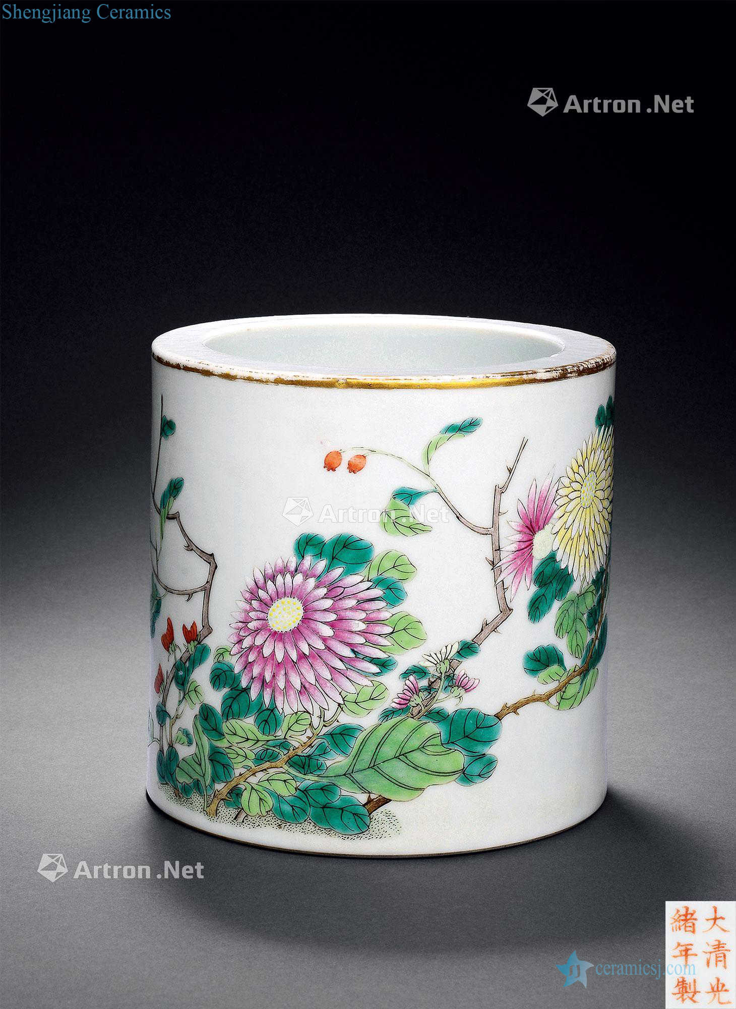 Pastel reign of qing emperor guangxu chrysanthemum pattern brush pot