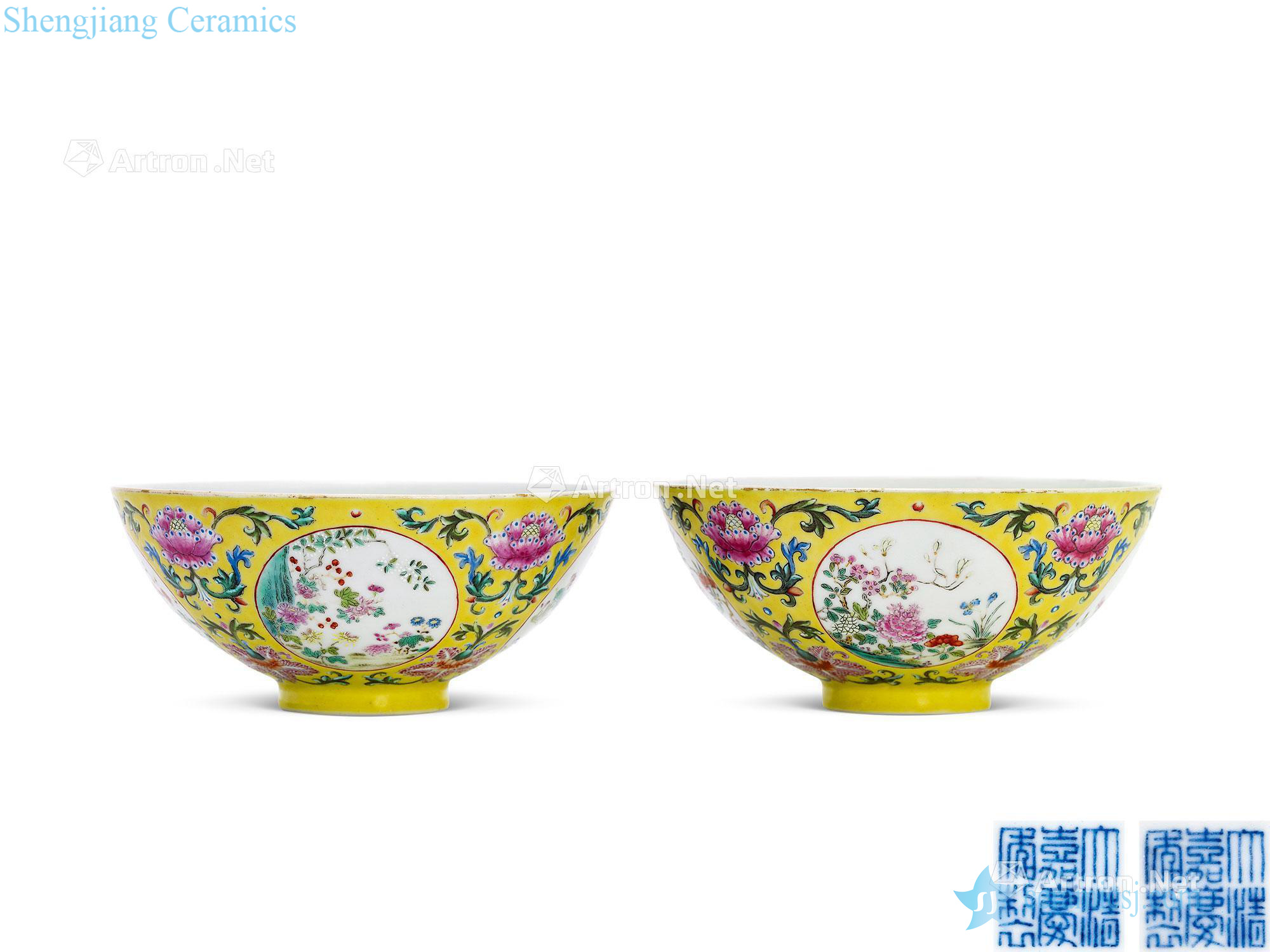 Qing jiaqing yellow color the medallion "four prosperous" figure bowl (a)