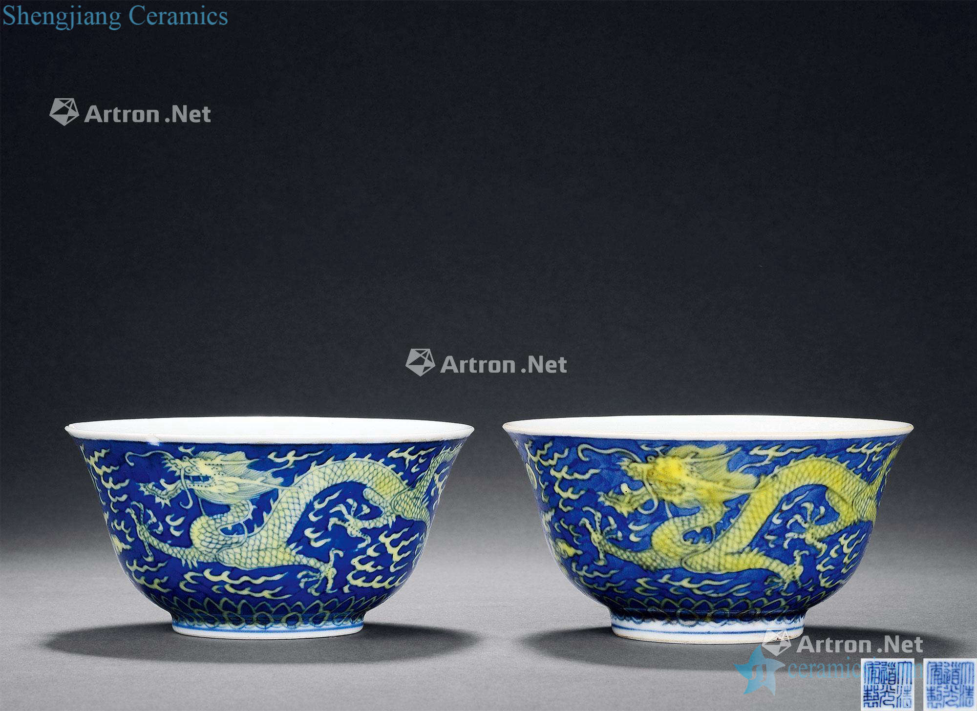Qing daoguang Blue Huang Cai ssangyong cast bead green-splashed bowls (a)
