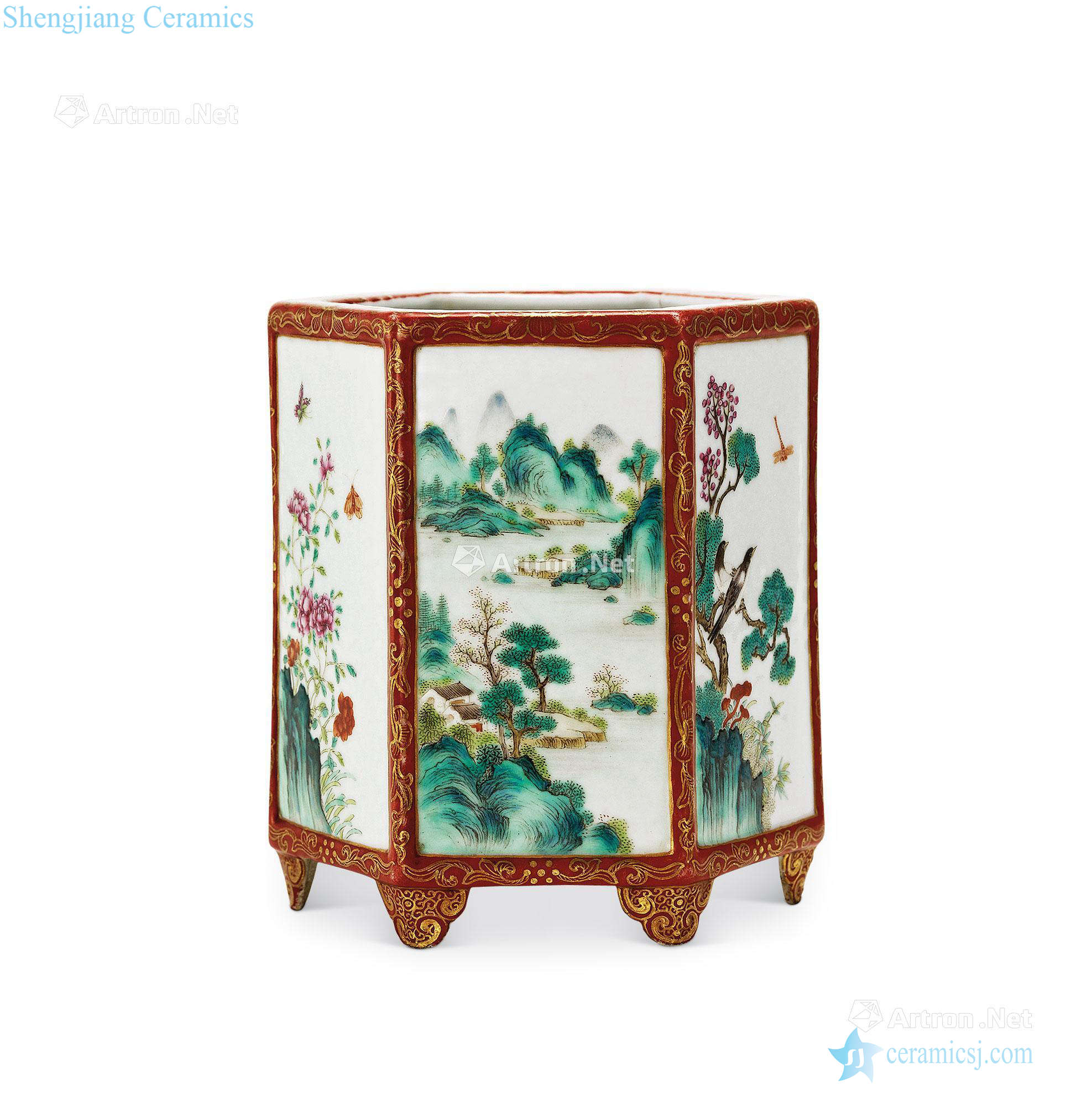 Qing qianlong coral red paint medallion pastel landscape painting of flowers and grain six-party brush pot