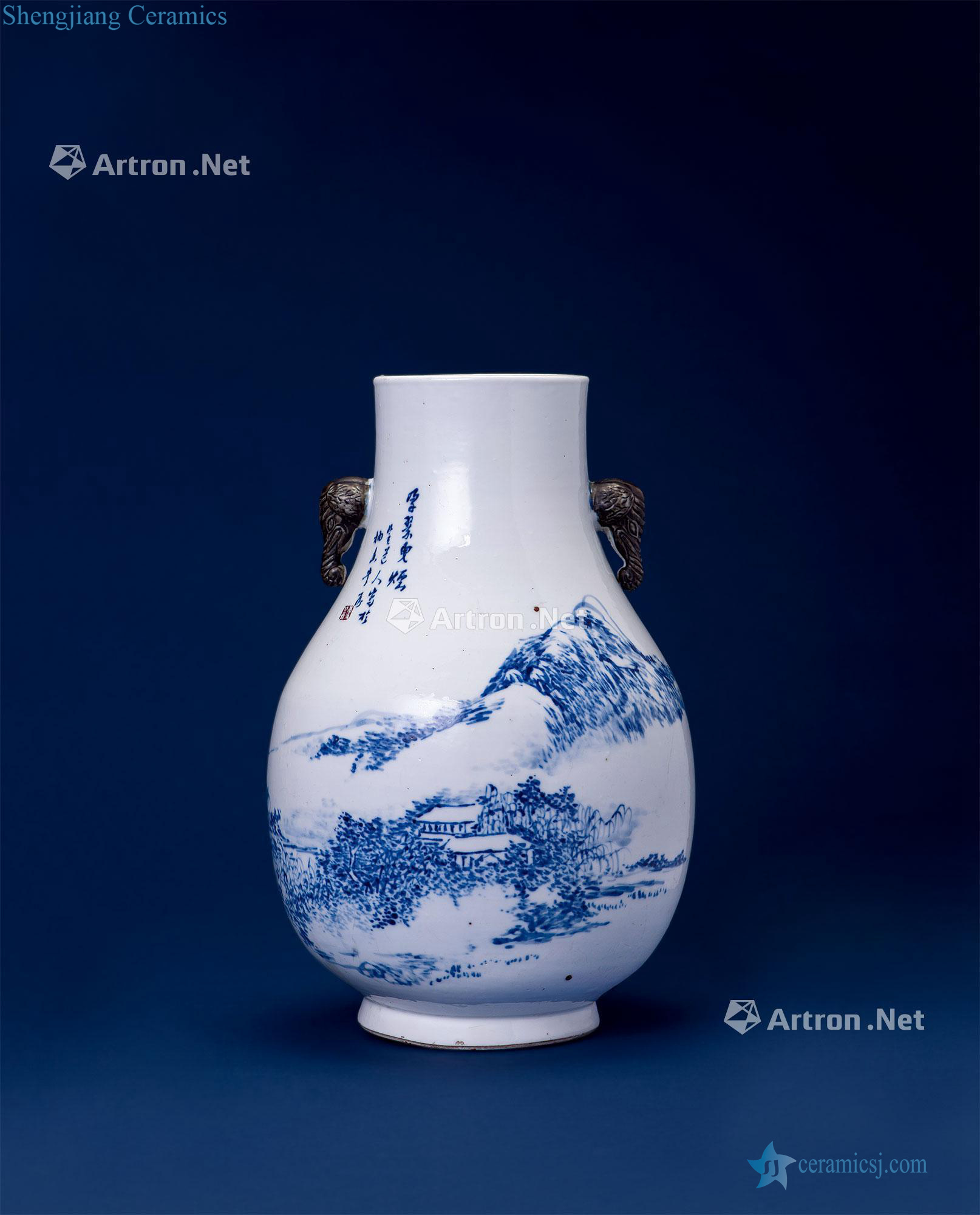 In late qing cheng door Blue and white elephant statue of landscapes