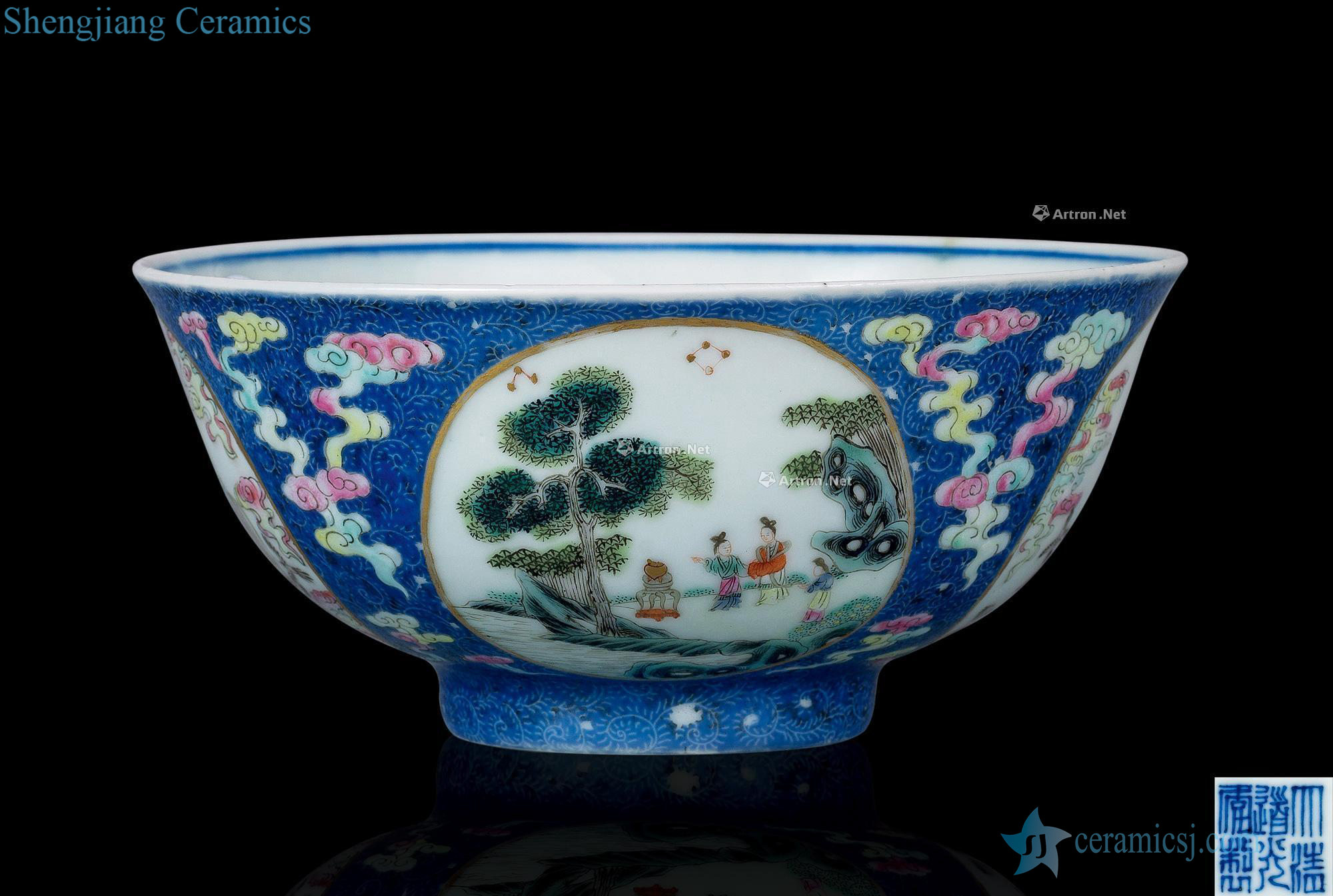 Qing outside light pastel blue and blue to rolling in the stories of medallion bowl