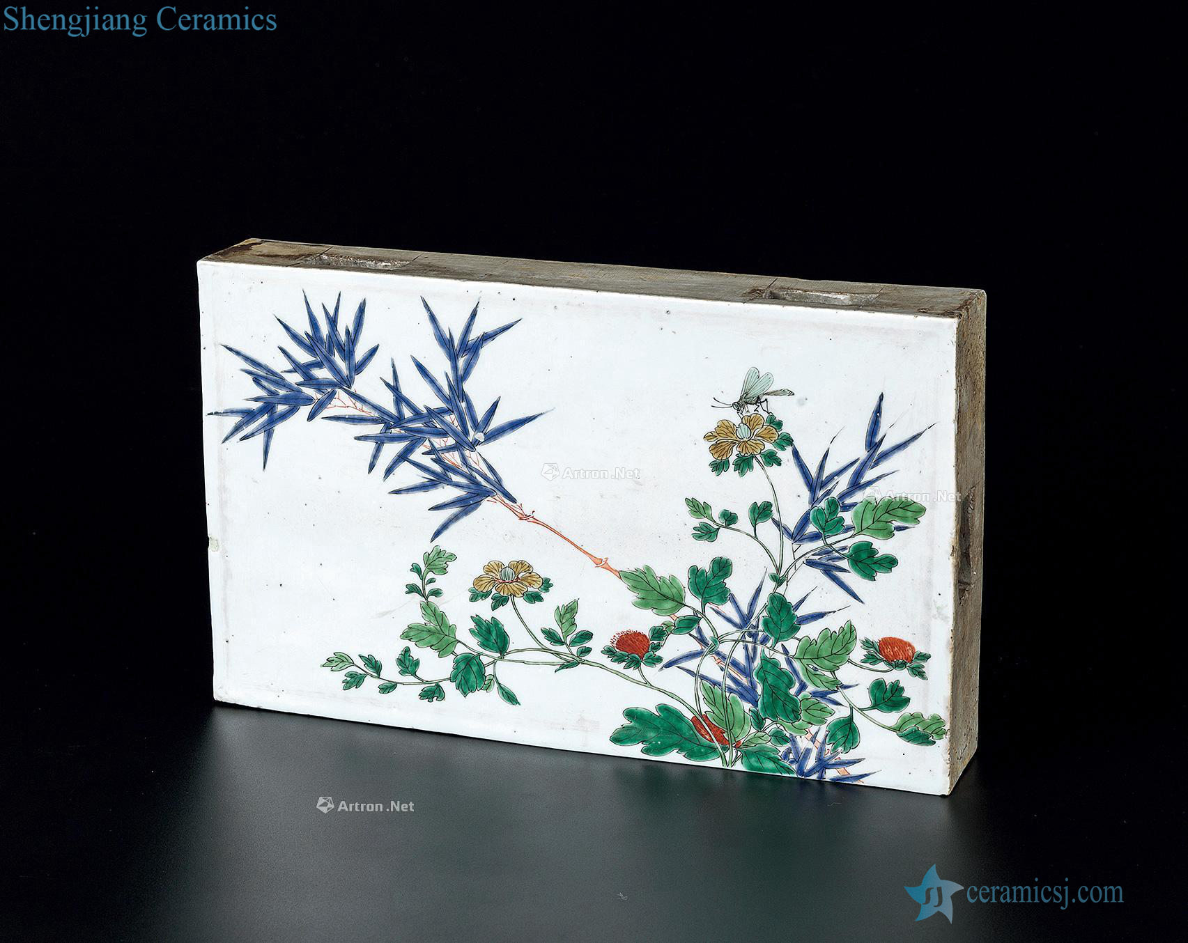 The qing emperor kangxi colorful flowers and pea green glaze dark carved flower grain ceramic tile