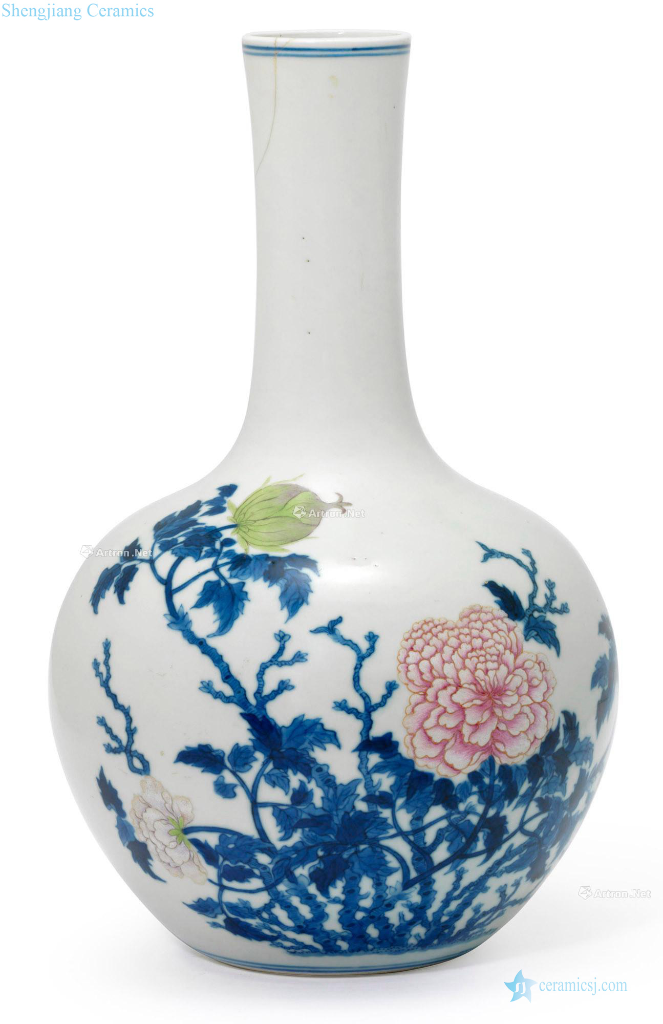 Qing dynasty in the 19th century Blue and white enamel peony lines long neck gall bladder