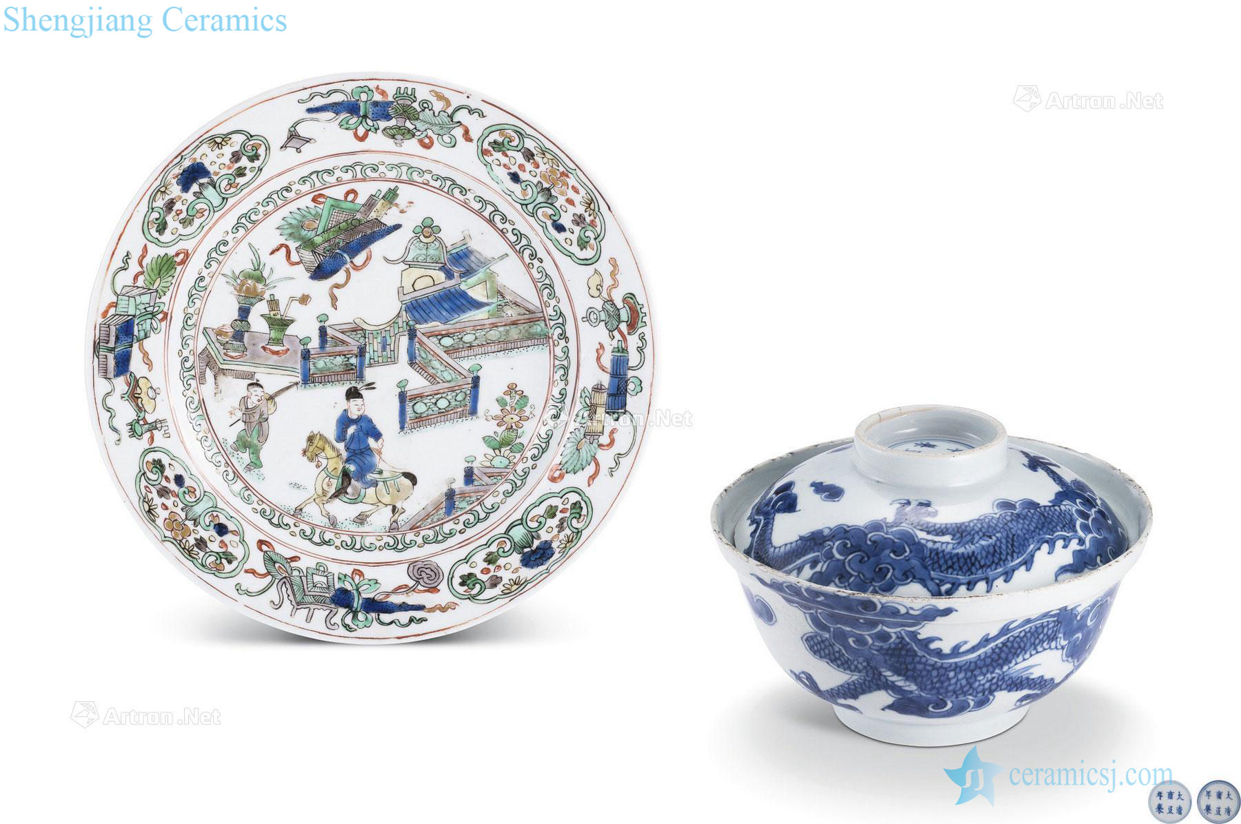 Qing yongzheng Blue and white YunLongWen cover figure plate 盌 盌 and colorful characters of the reign of emperor kangxi