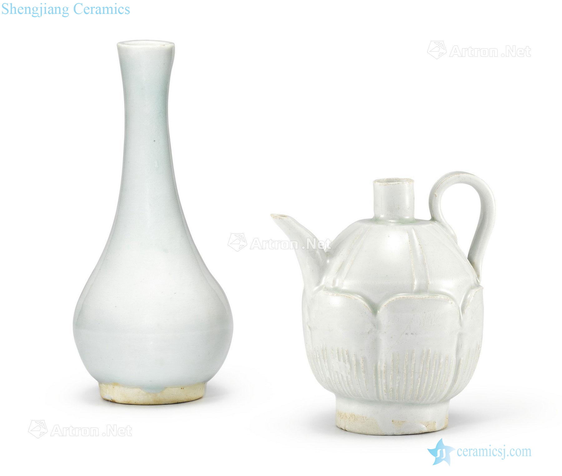 Song green white glazed flask and lotus-shaped ewer