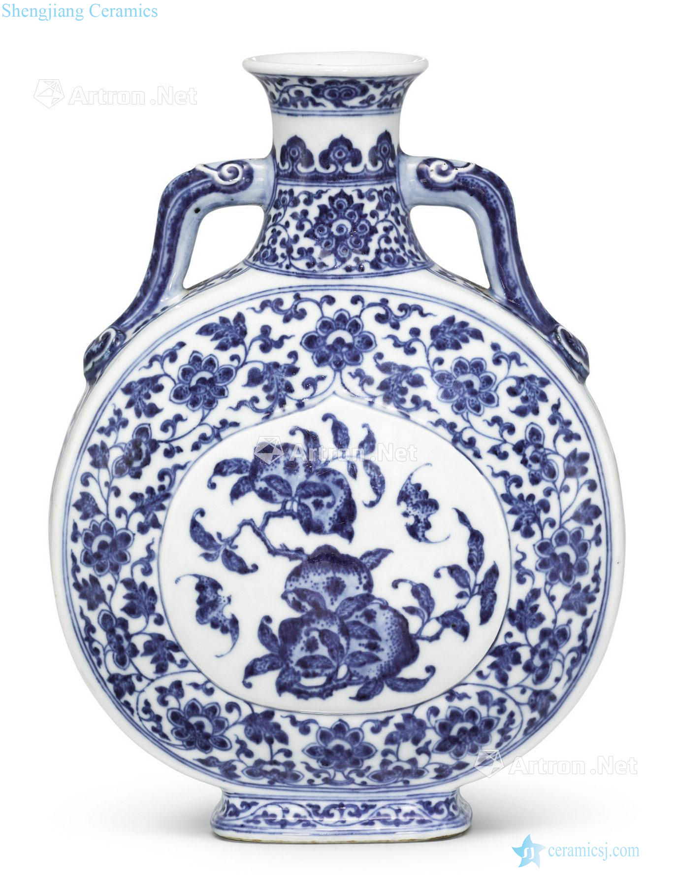 Qing qianlong Blue and white live long and proper ruyi ear flat pot