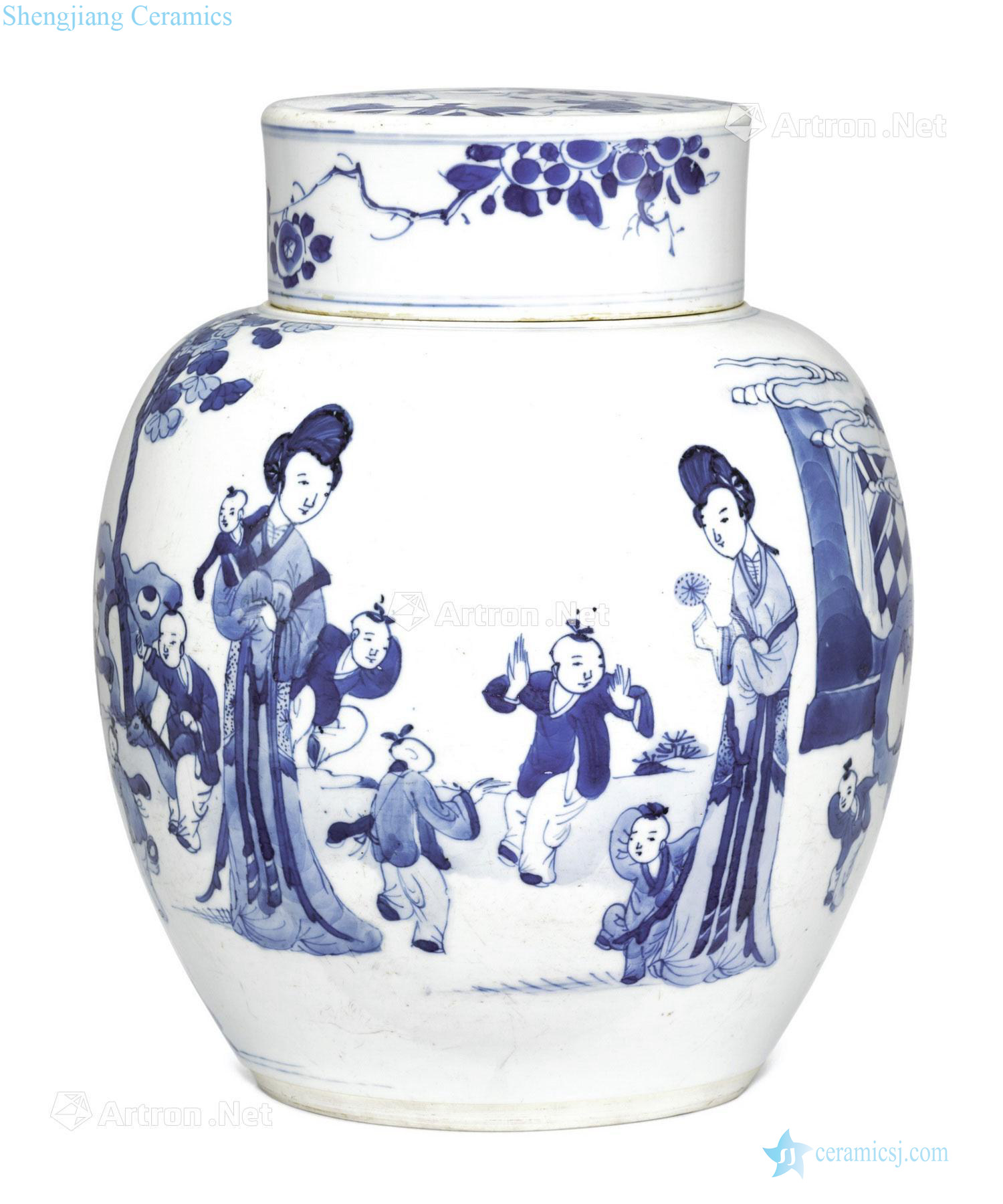 The late Ming dynasty Blue and white lady baby play tougue cans