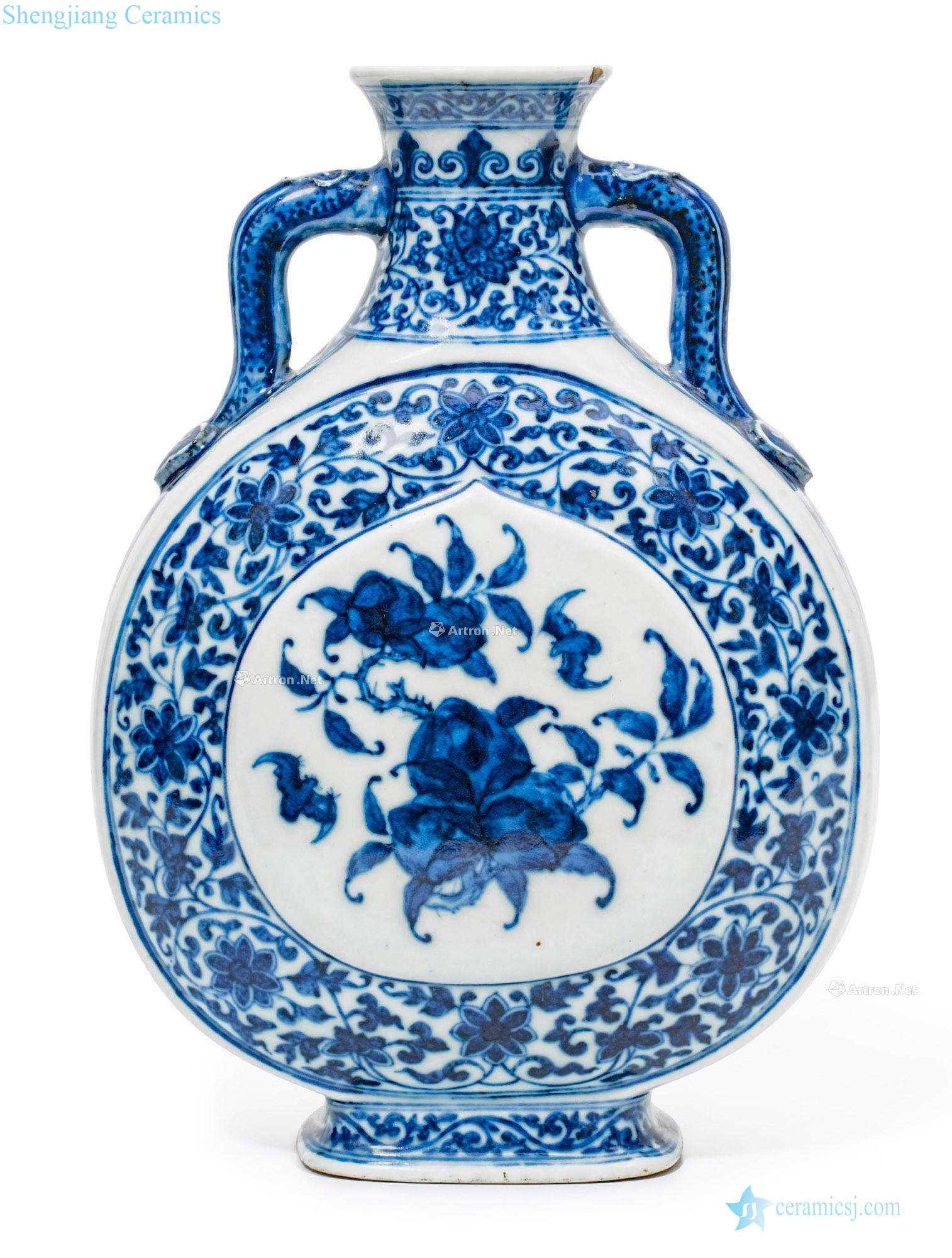 Qing dynasty in the 19th century Blue and white live long and proper ears flat pot