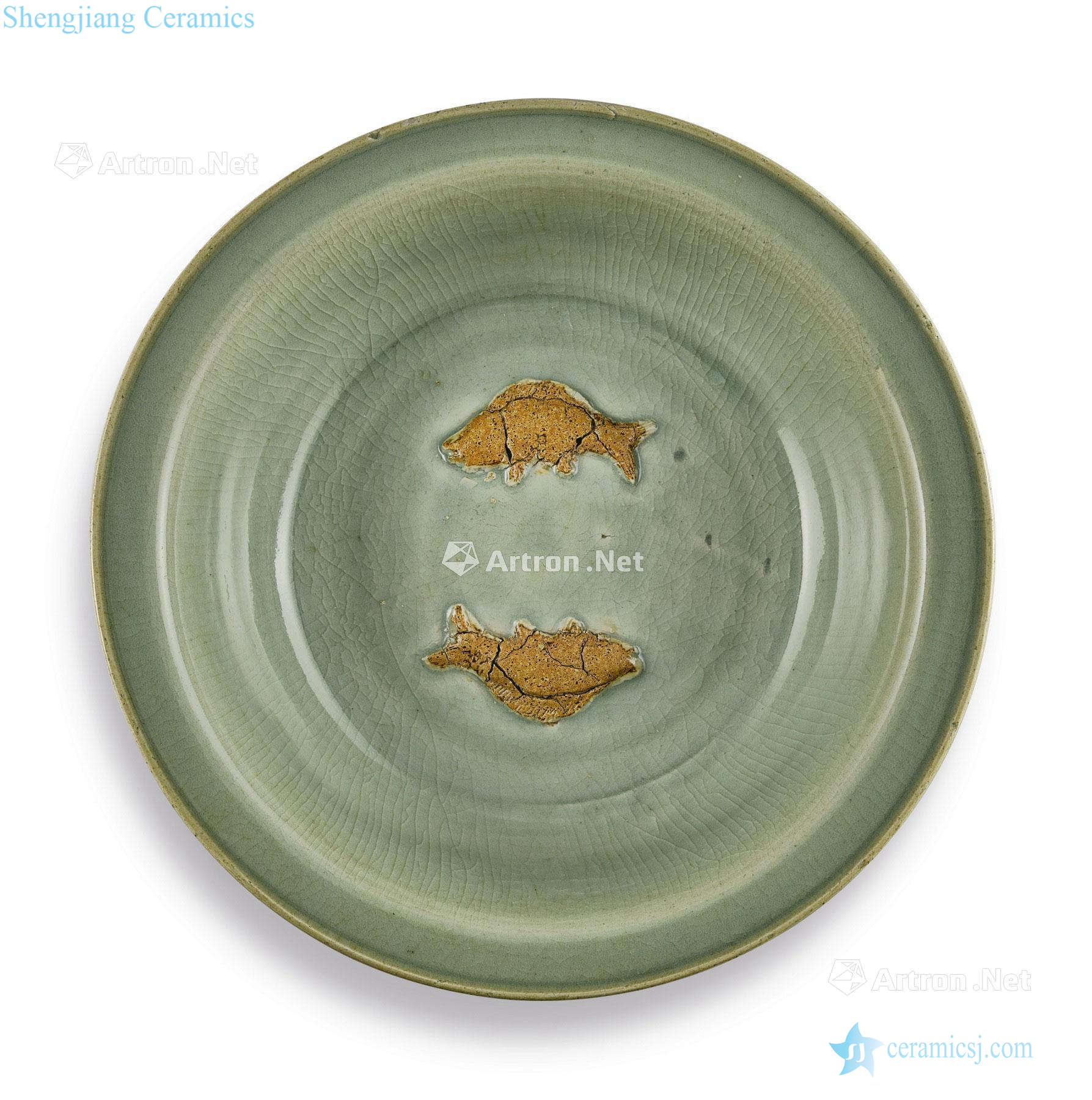 Yuan to Ming Longquan green glaze paste Pisces fold along the plates