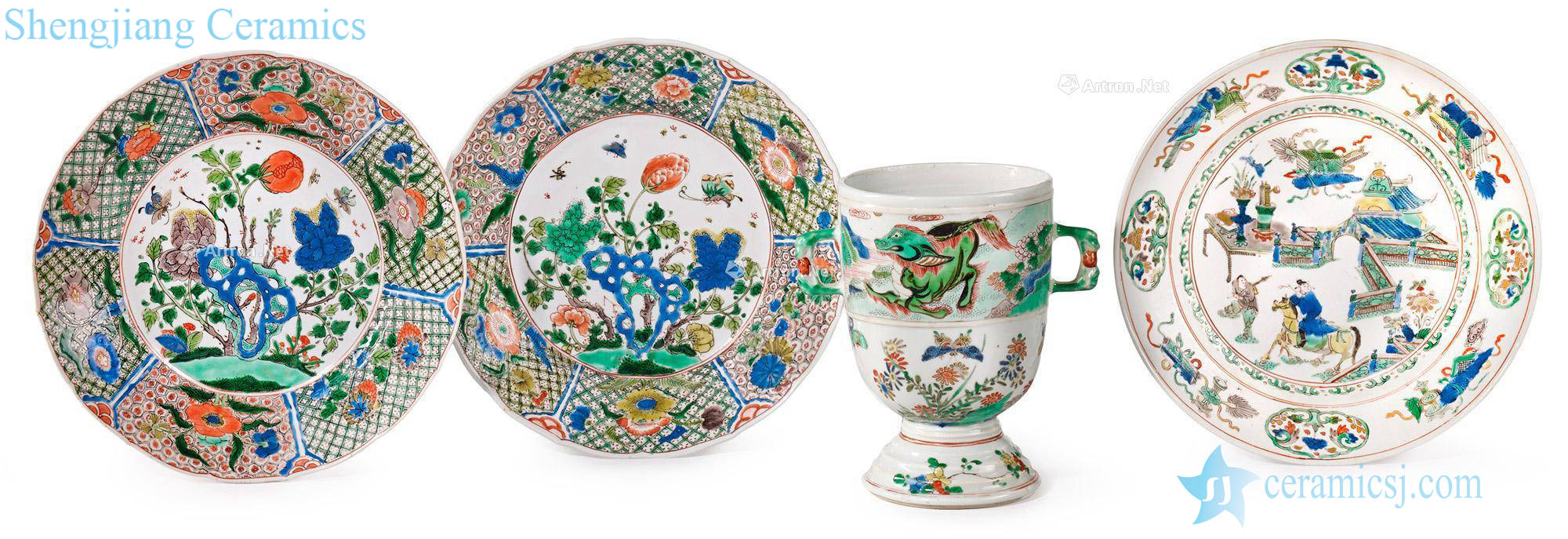 The qing emperor kangxi Colorful benevolent grain ear cup and colorful plate (a set of four)