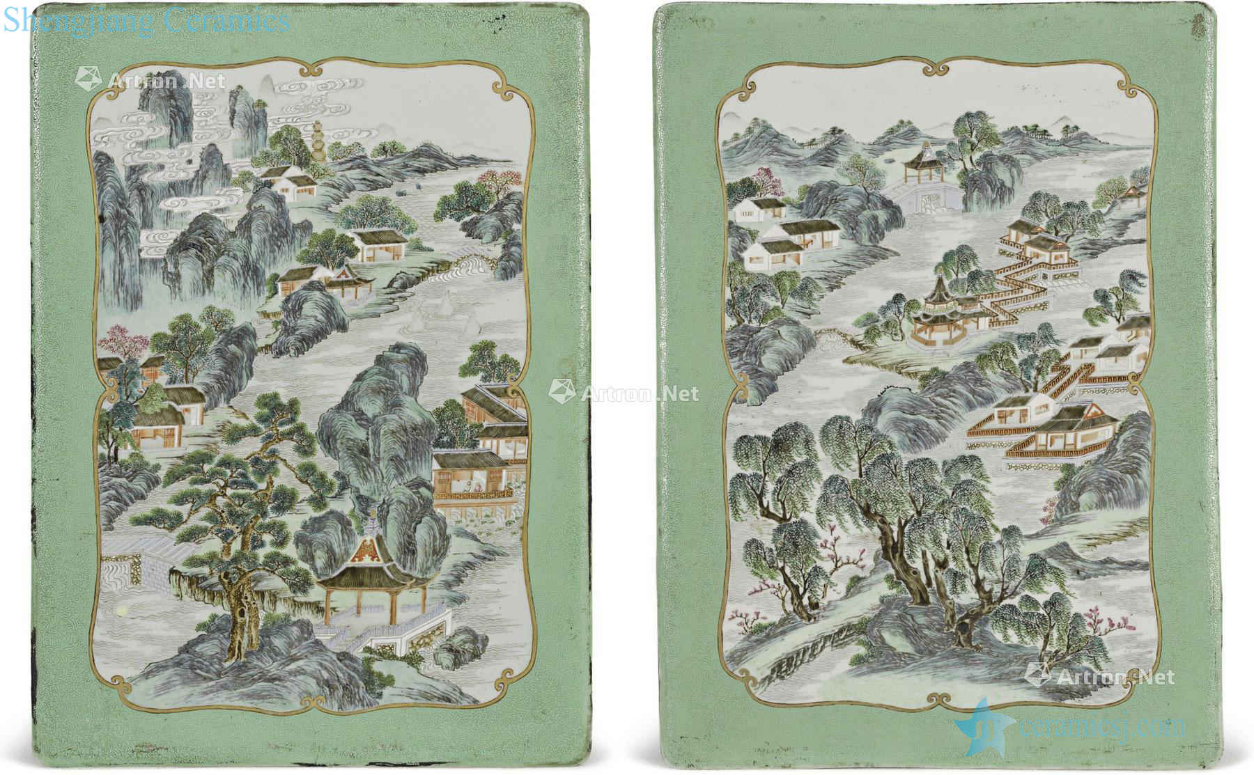 Qing qianlong and jiaqing pastel green rolling way far scenery figure plaque (a)