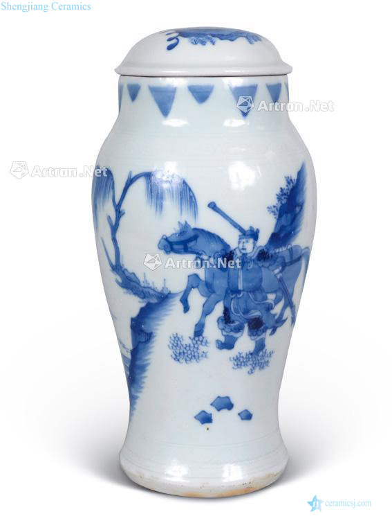 Qing dynasty blue and white war characters with cover plum bottle