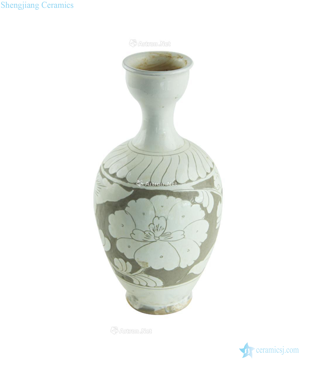 The song dynasty White glazed carved bottom hand-cut peony grains dish buccal bottle