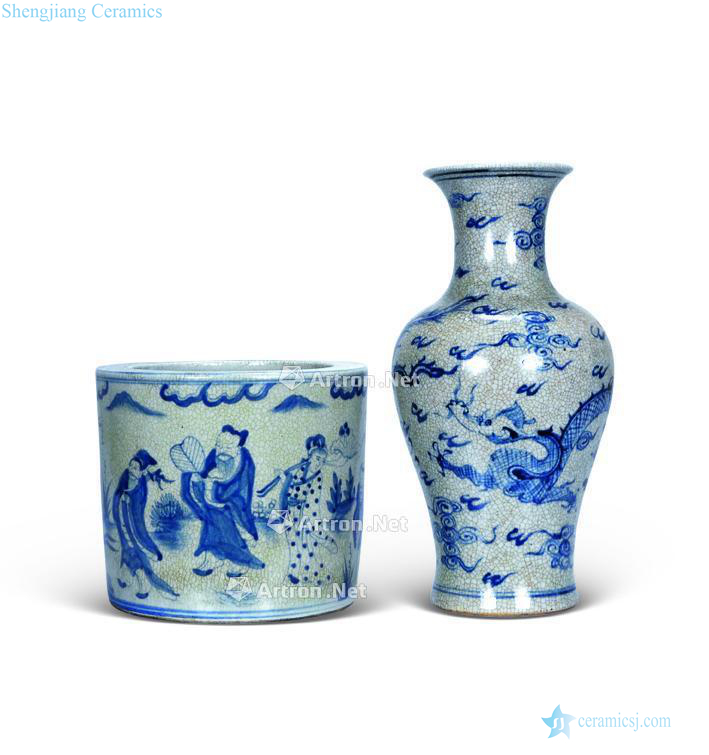 Black brother 19 th-century copy glaze it with blue and white longfeng grain PND tail-on bottle Brother imitation of glaze and blue and white figure brush pot the eight immortals