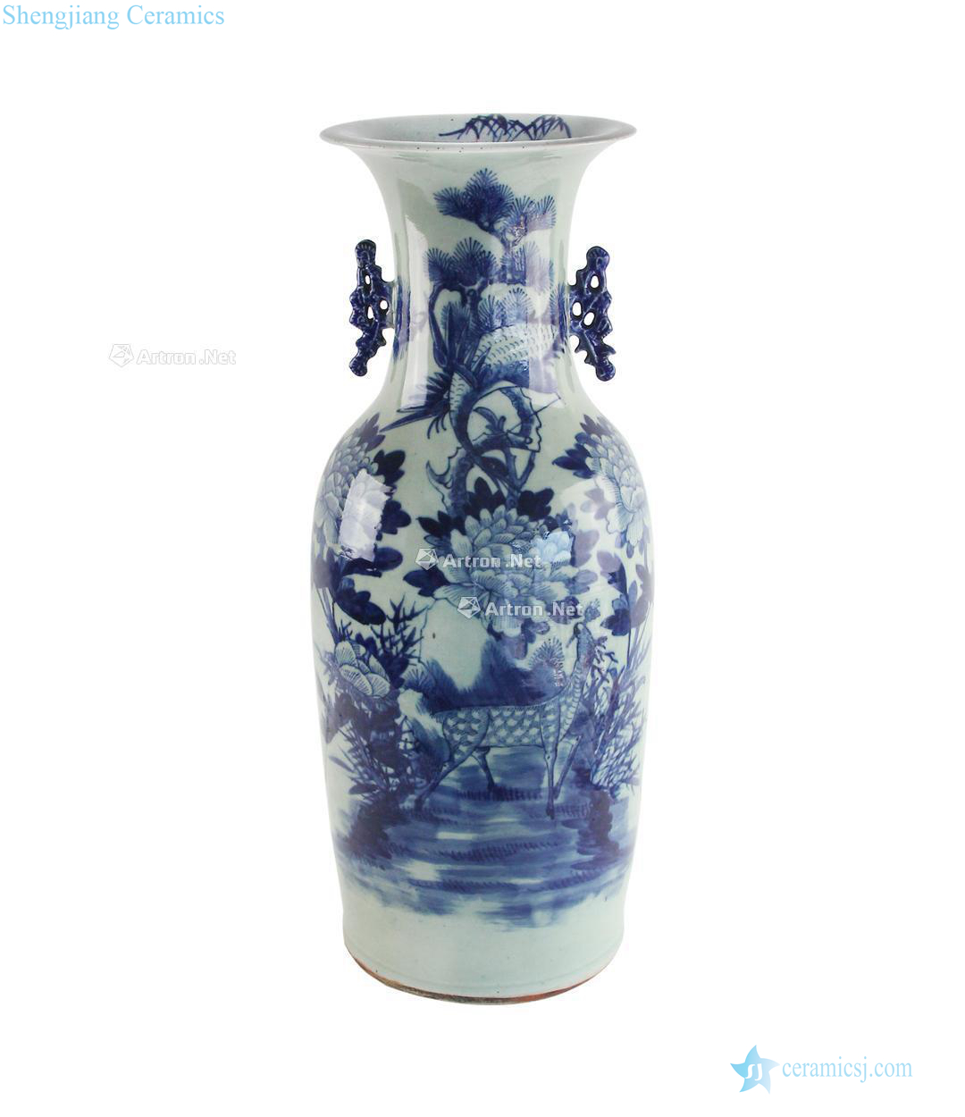 Qing qianlong pea green glaze, blue and white crane deer with spring binaural big bottle mouth