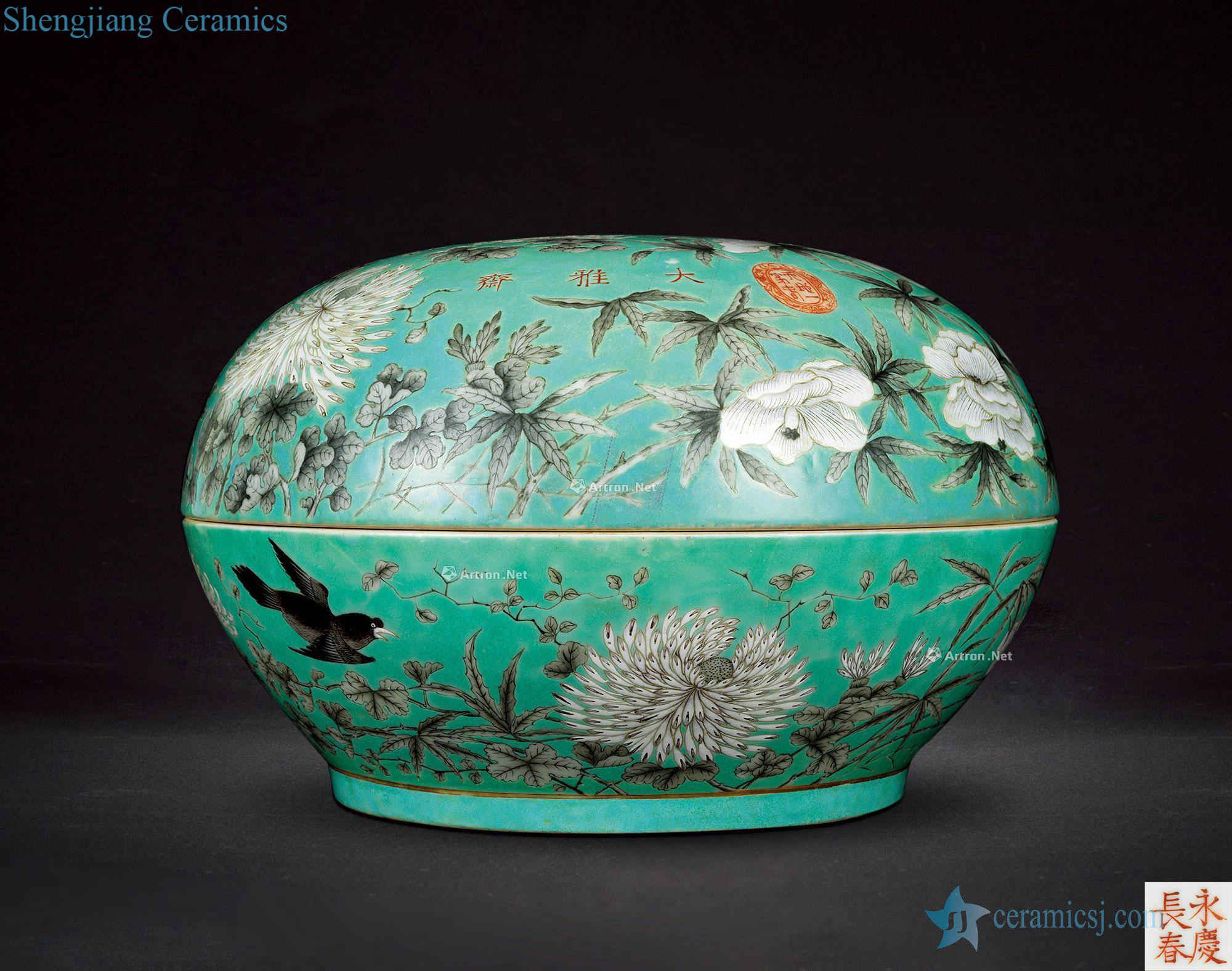 Qing guangxu Great lent a hoard of green color ink flower tattoo box